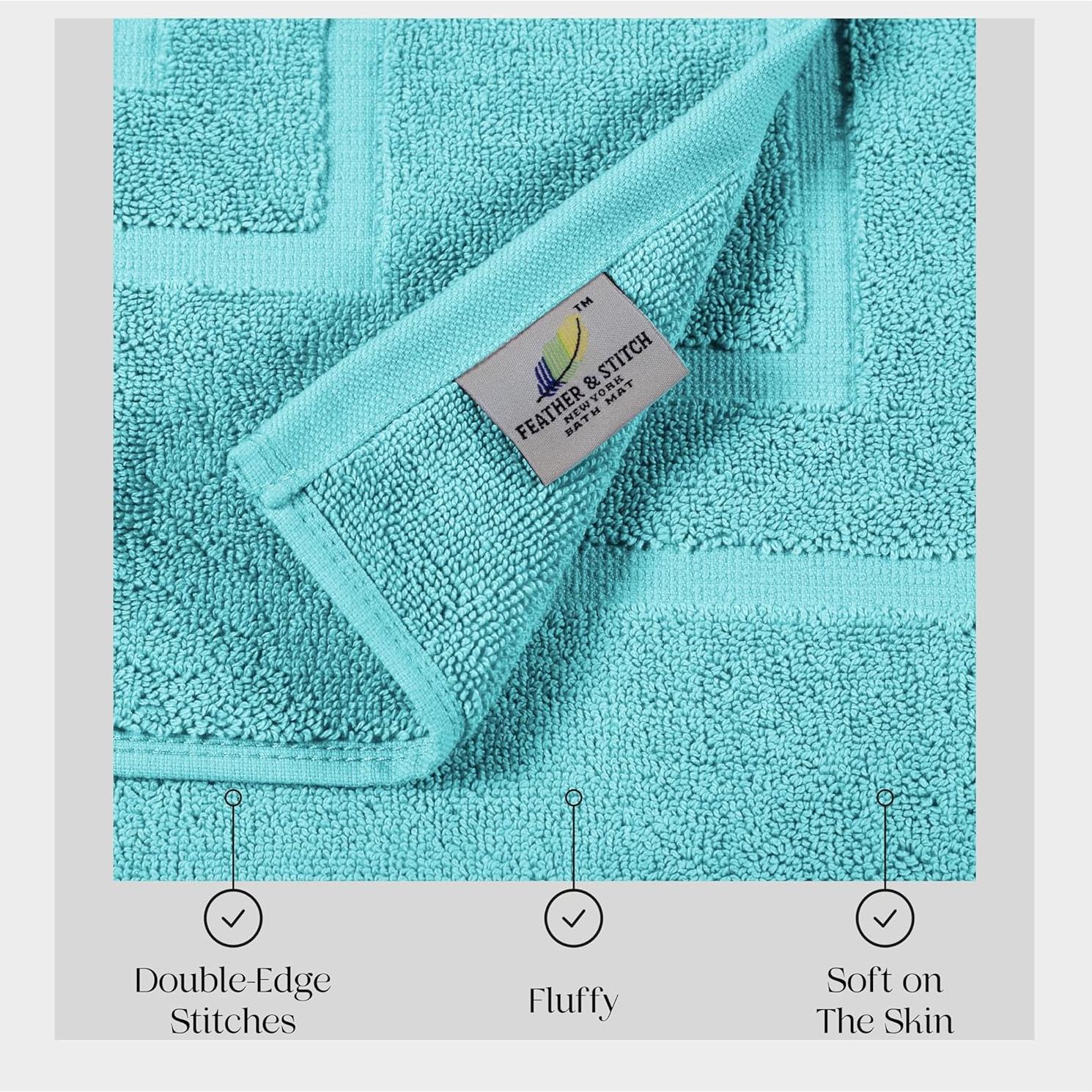 Feather & Stitch 2 Piece Towel Like Bath Mats (30x21 Inch) 100% Cotton Terry Mat for Hotel, Spa, Shower Floor Mats [NOT A Bathroom Rug], Soft Absorbent Washable Mats - Aqua