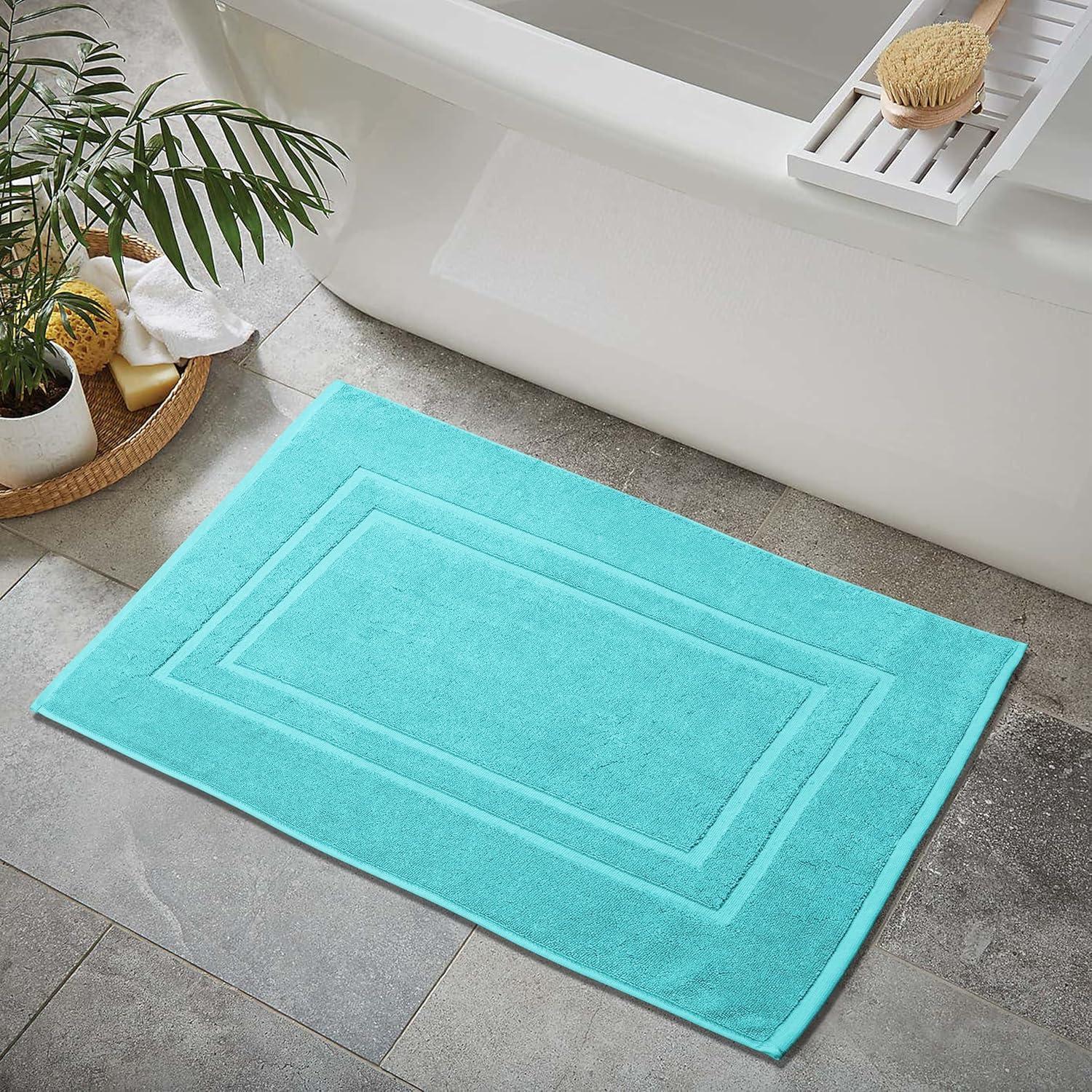 Feather & Stitch 2 Piece Towel Like Bath Mats (30x21 Inch) 100% Cotton Terry Mat for Hotel, Spa, Shower Floor Mats [NOT A Bathroom Rug], Soft Absorbent Washable Mats - Aqua