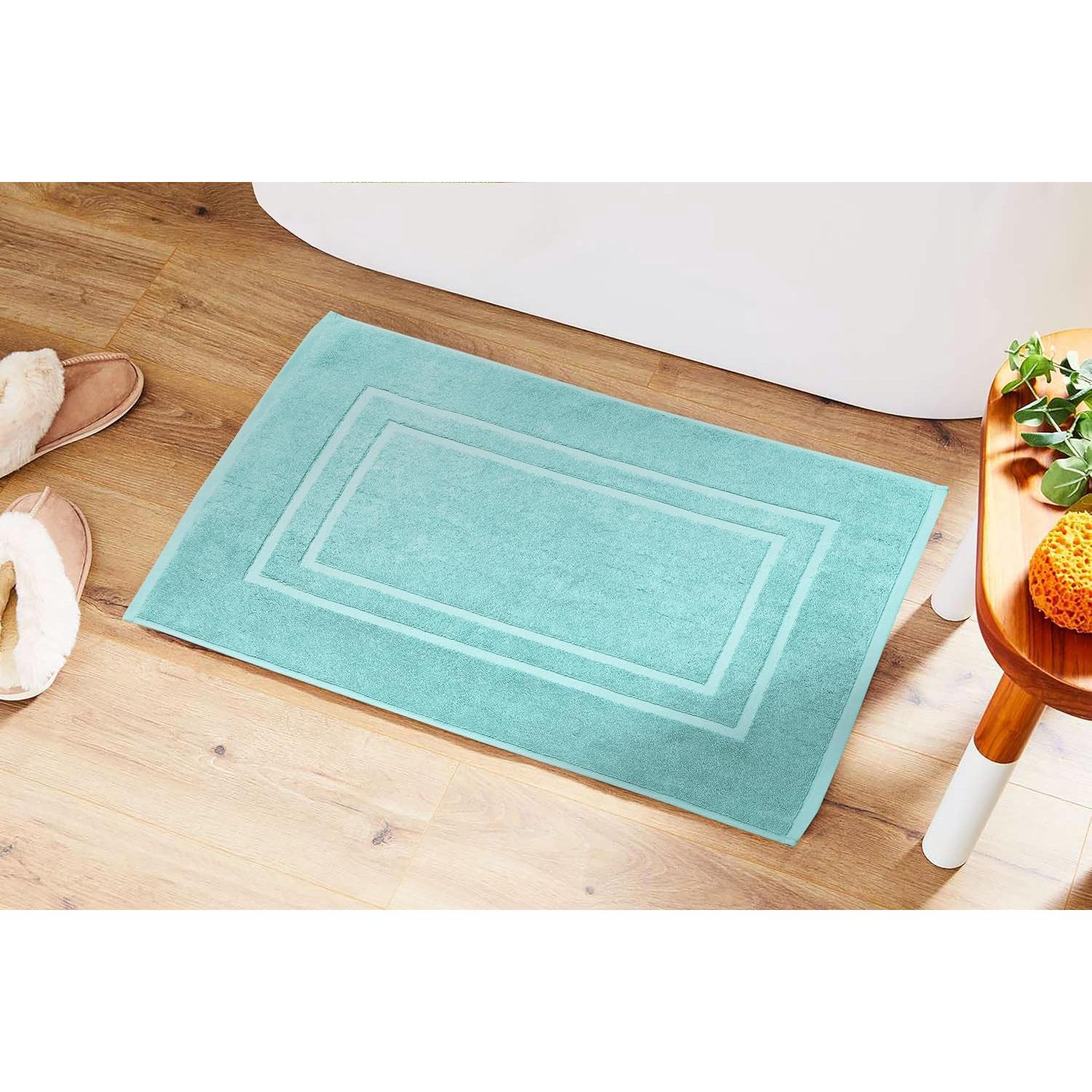 Feather & Stitch 2 Piece Towel Like Bath Mats (30x21 Inch) 100% Cotton Terry Mat for Hotel, Spa, Shower Floor Mats [NOT A Bathroom Rug], Soft Absorbent Washable Mats - Aqua