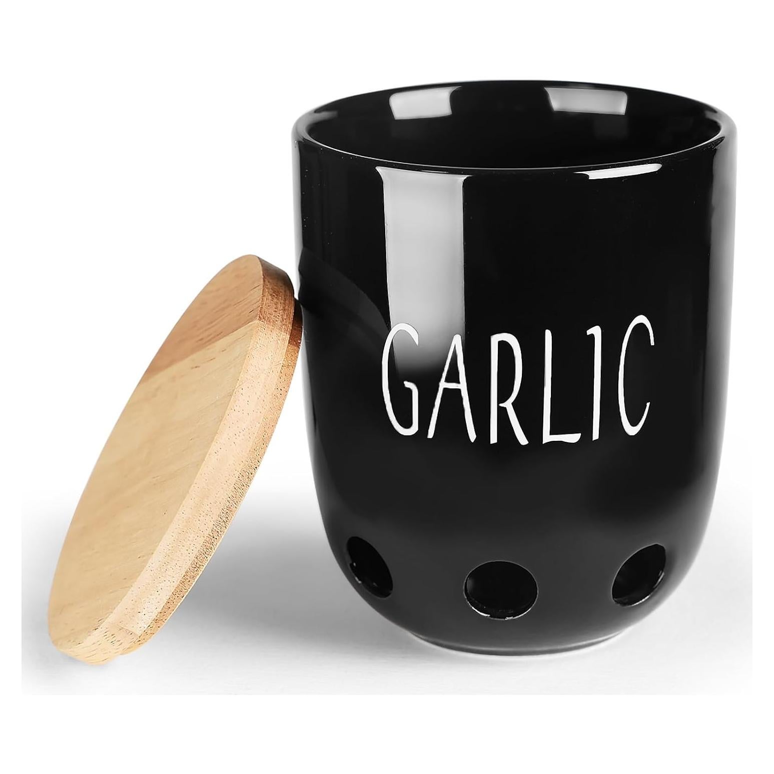 Contenedor de Ajo Cerámica HAOTOP con Tapa de Madera Negro