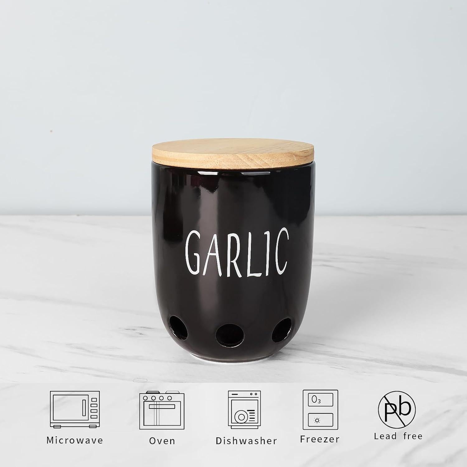 Contenedor de Ajo Cerámica HAOTOP con Tapa de Madera Negro