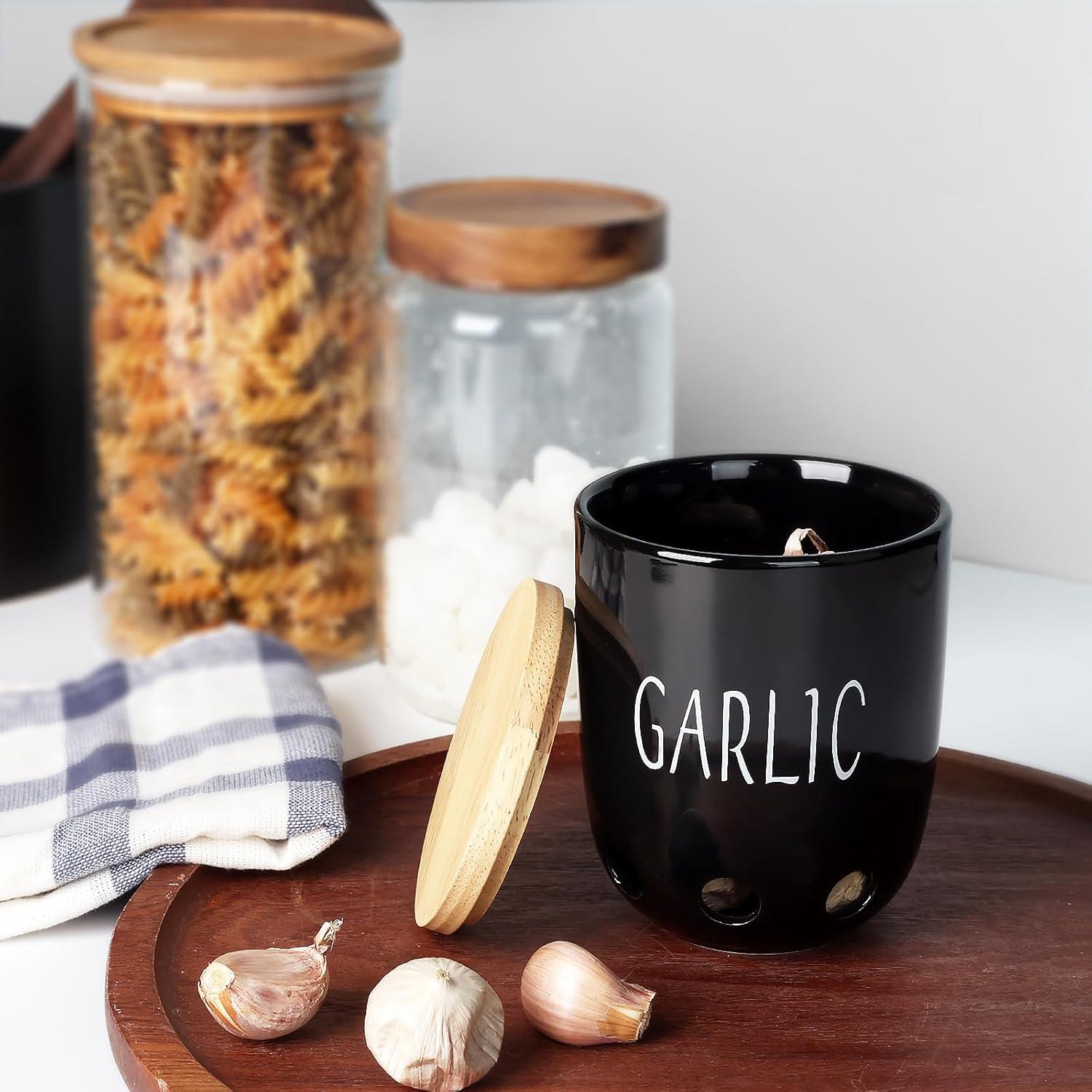 Contenedor de Ajo Cerámica HAOTOP con Tapa de Madera Negro