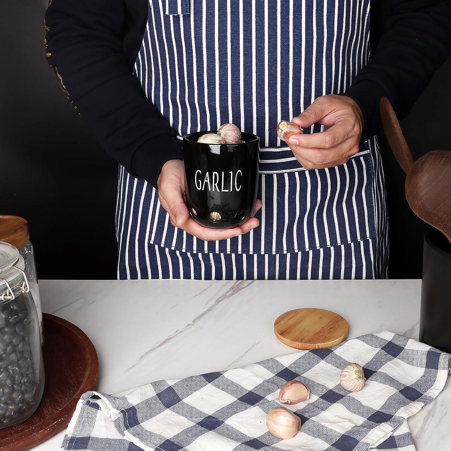 Contenedor de Ajo Cerámica HAOTOP con Tapa de Madera Negro