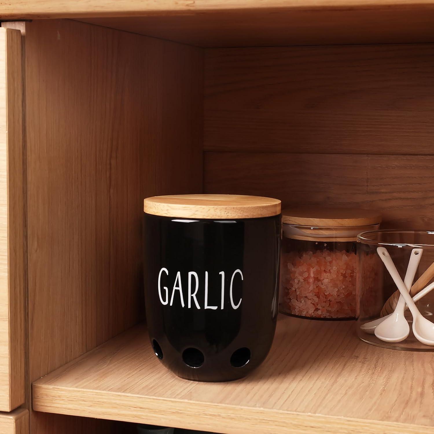 Contenedor de Ajo Cerámica HAOTOP con Tapa de Madera Negro