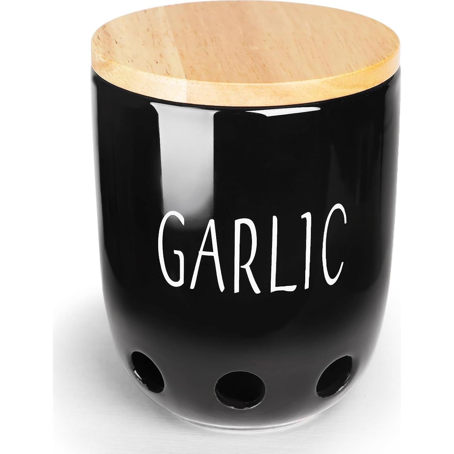 Contenedor de Ajo Cerámica HAOTOP con Tapa de Madera Negro