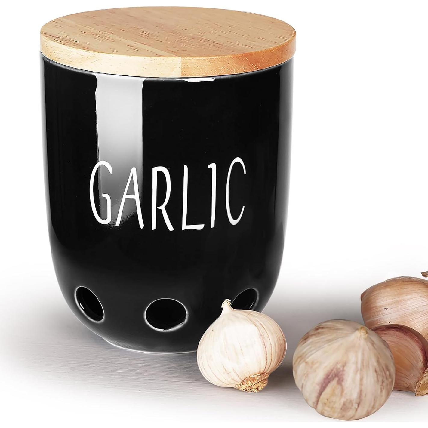 Contenedor de Ajo Cerámica HAOTOP con Tapa de Madera Negro