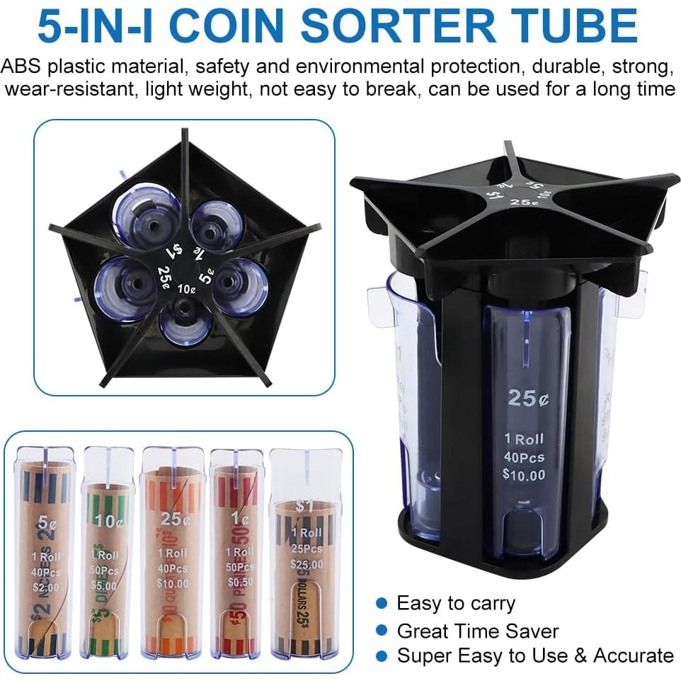 Contador de Monedas 5-en-1 QWLWBU Tubo Clasificador Negro