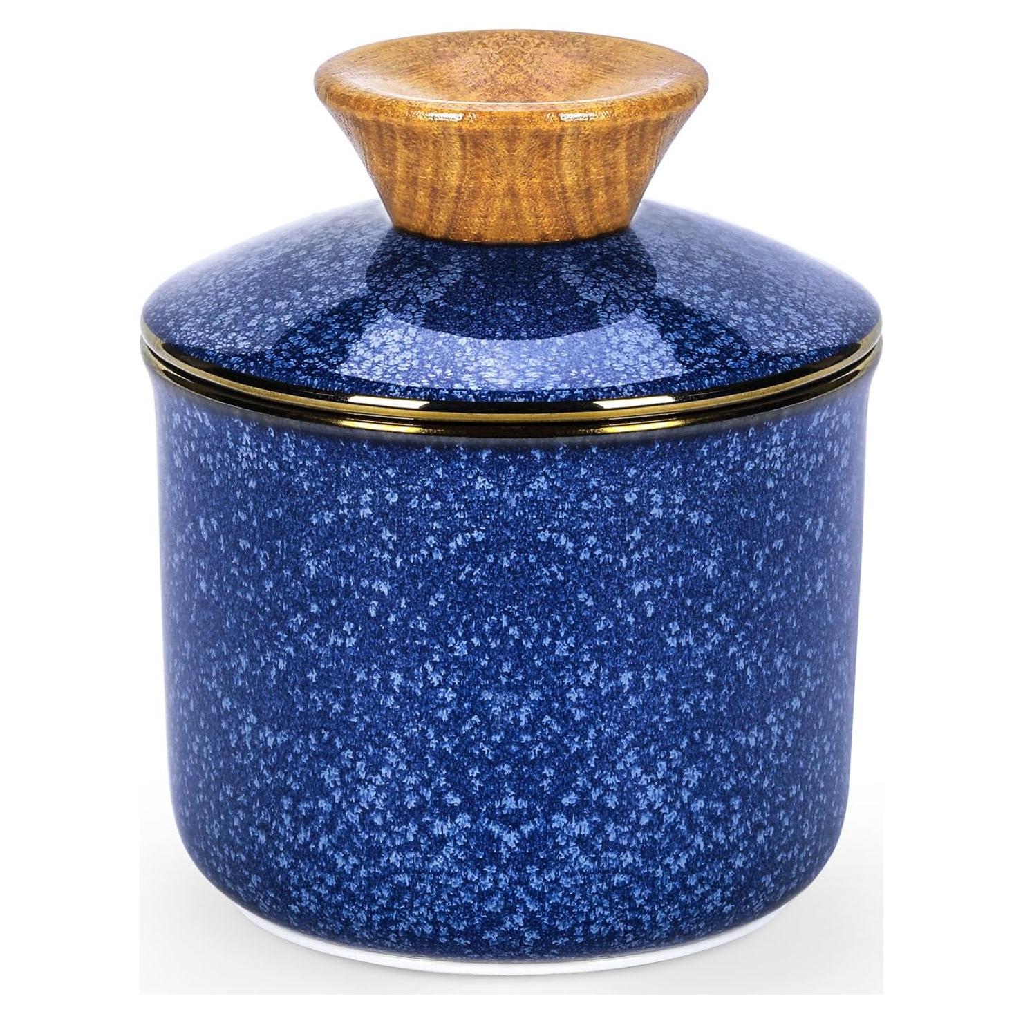 Tazón de Mantequilla DOWAN Cerámica Azul con Tapa y Sello de Agua