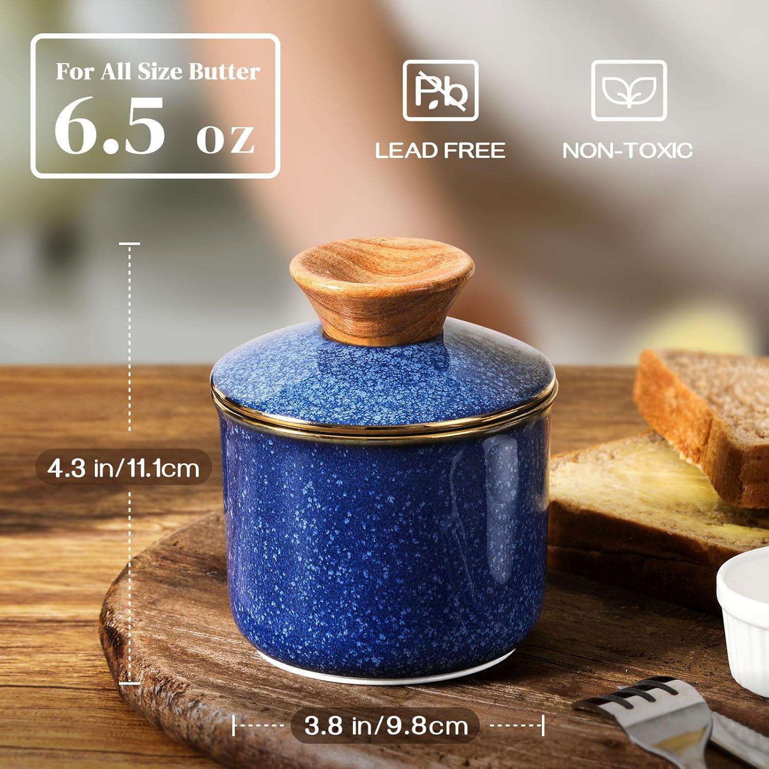 Tazón de Mantequilla DOWAN Cerámica Azul con Tapa y Sello de Agua