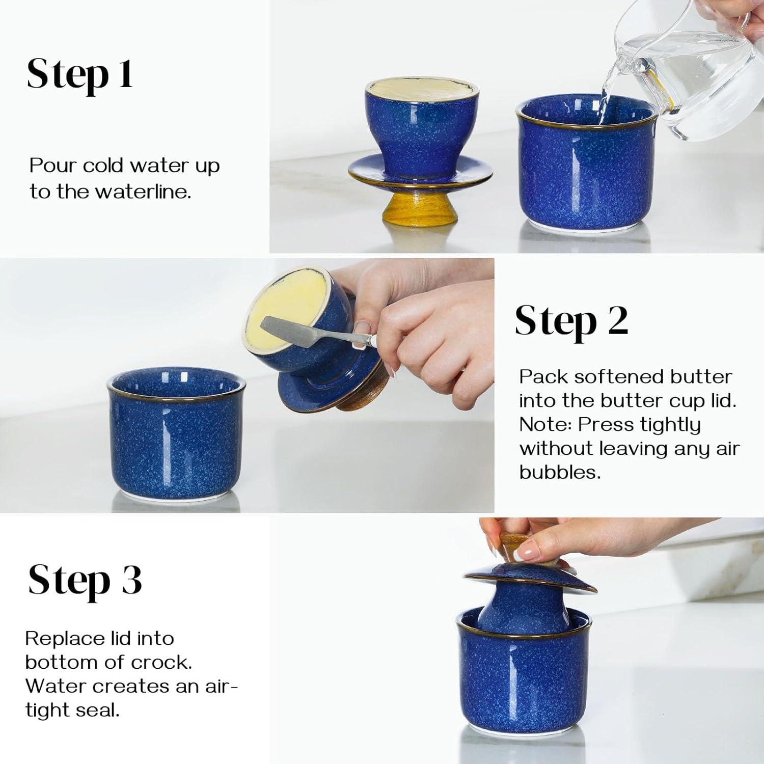 Tazón de Mantequilla DOWAN Cerámica Azul con Tapa y Sello de Agua