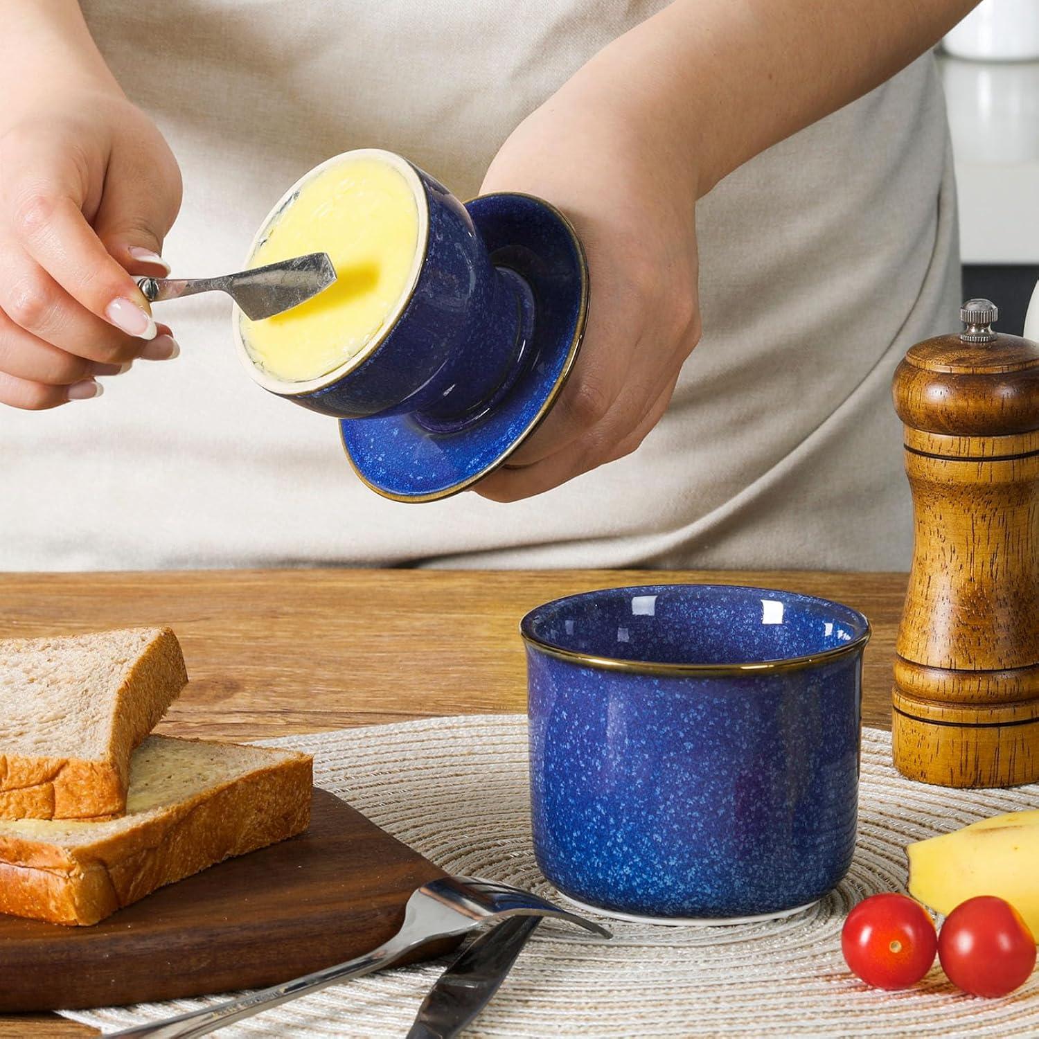 Tazón de Mantequilla DOWAN Cerámica Azul con Tapa y Sello de Agua