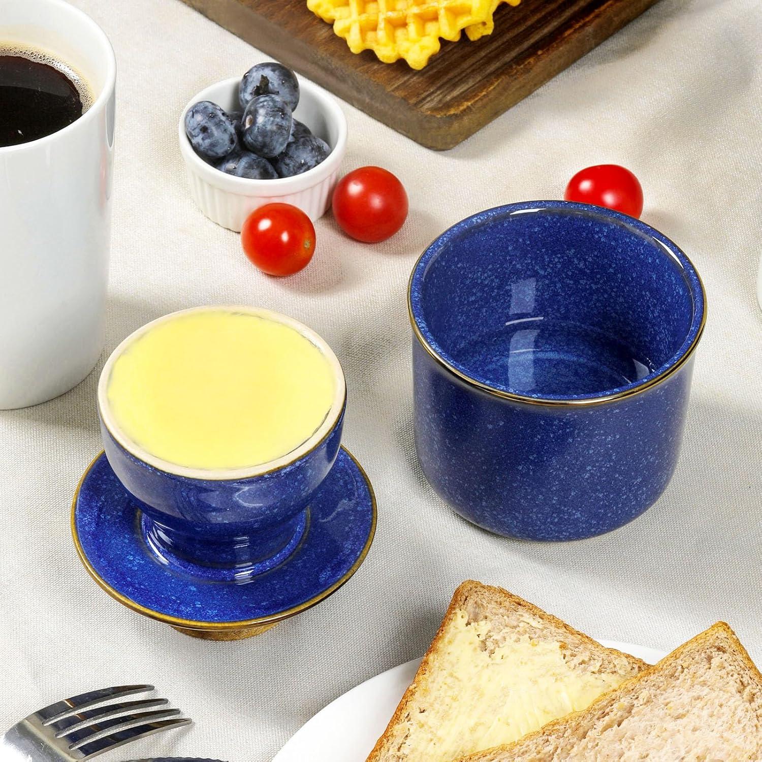 Tazón de Mantequilla DOWAN Cerámica Azul con Tapa y Sello de Agua