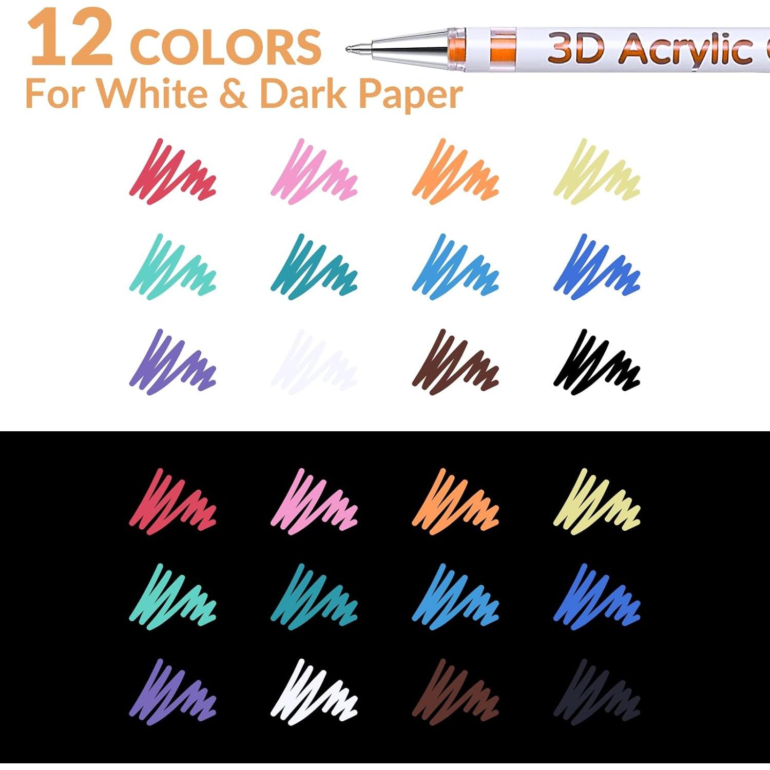 Bolígrafo de Gel Acrílico 3D KEMYR - 12 Colores, Punta 1mm