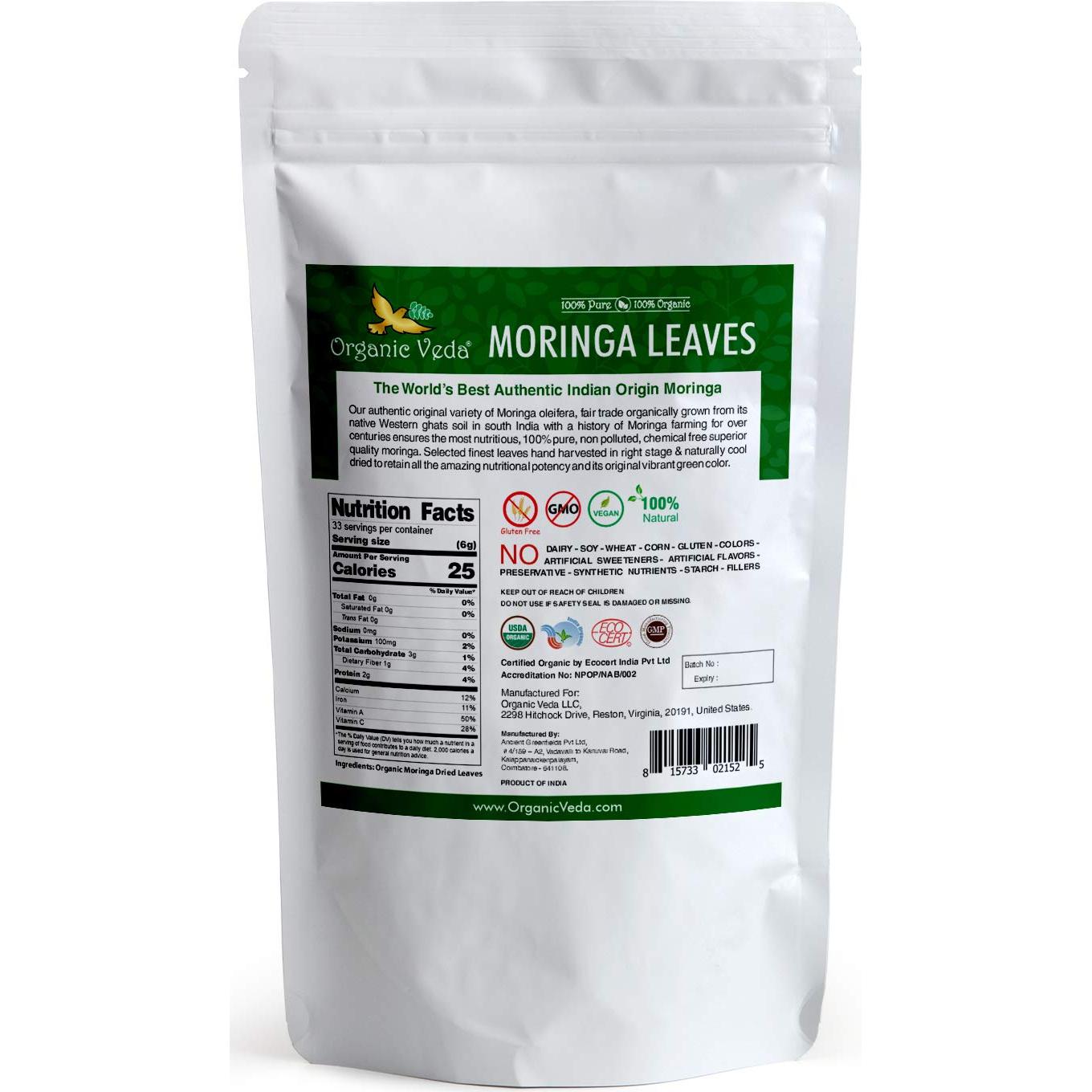 Hojas de Té de Moringa Orgánica Veda - 198g - Antioxidantes y Energía