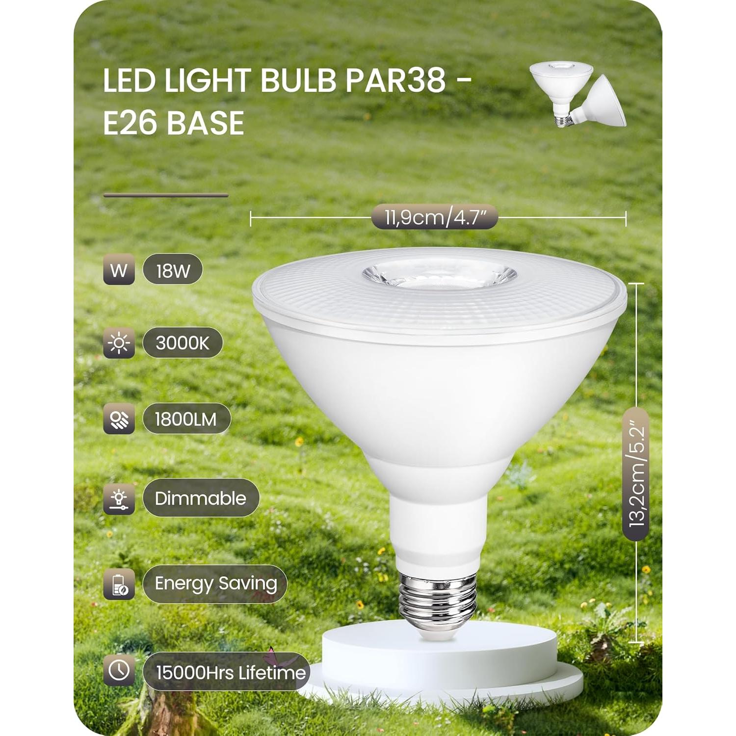 Paquete de 2 Bombillas LED PAR38 18W Regulables IP65 Luz Cálida