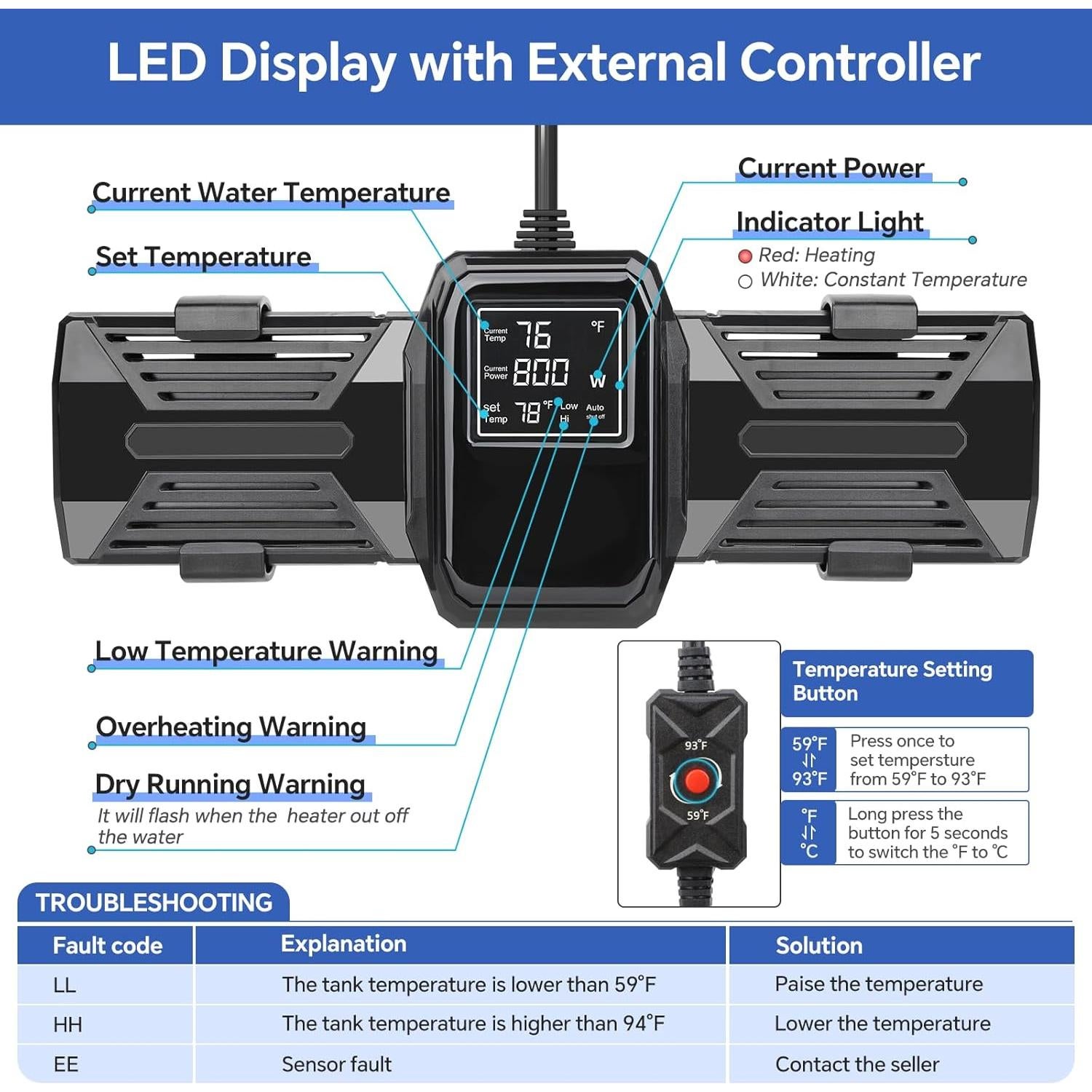 Calentador de Acuario Hygger 600W 800W 1000W Sumergible LED
