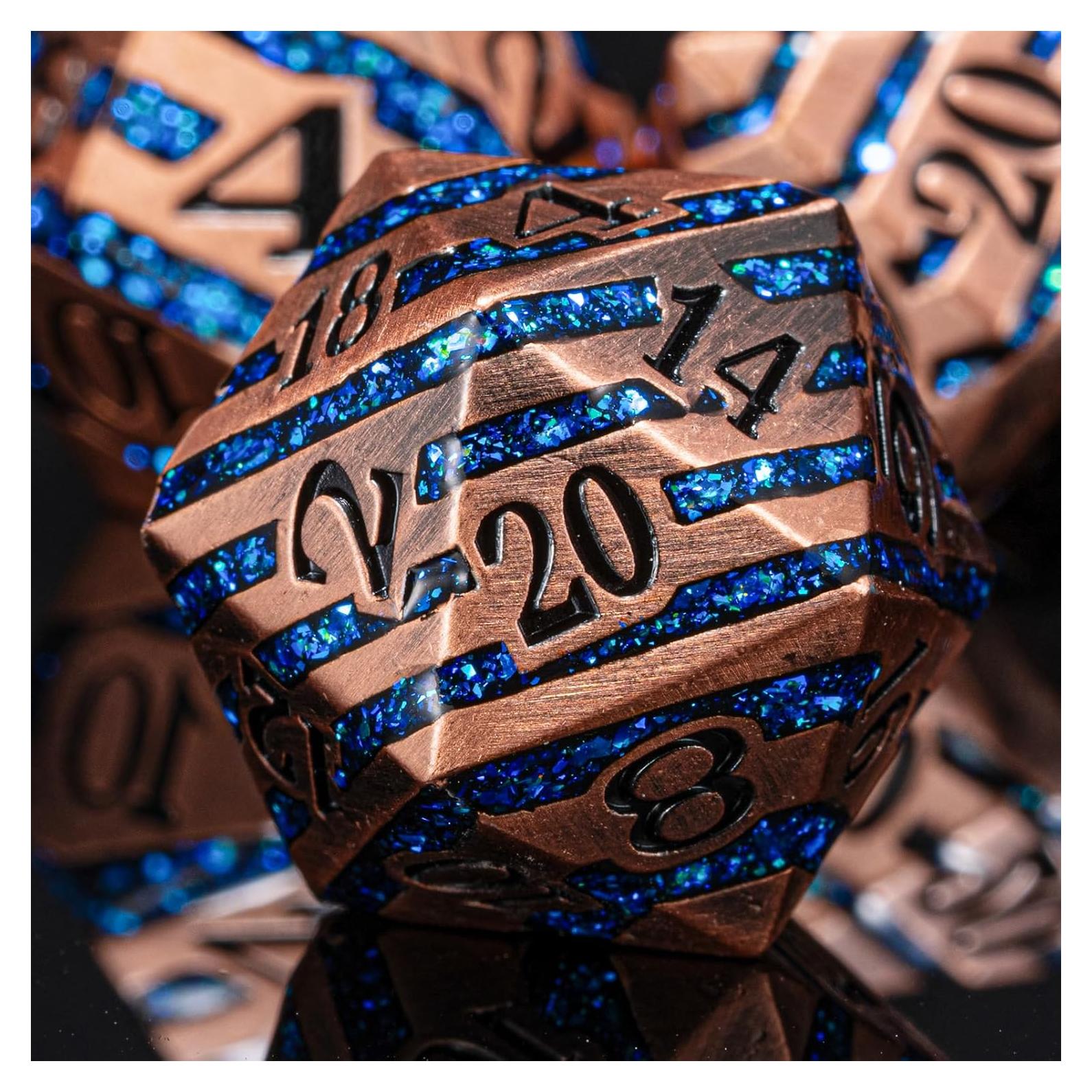 Set de 7 Dados Poliedricos Metálicos D&D Maywin Cobre Antiguo Azul