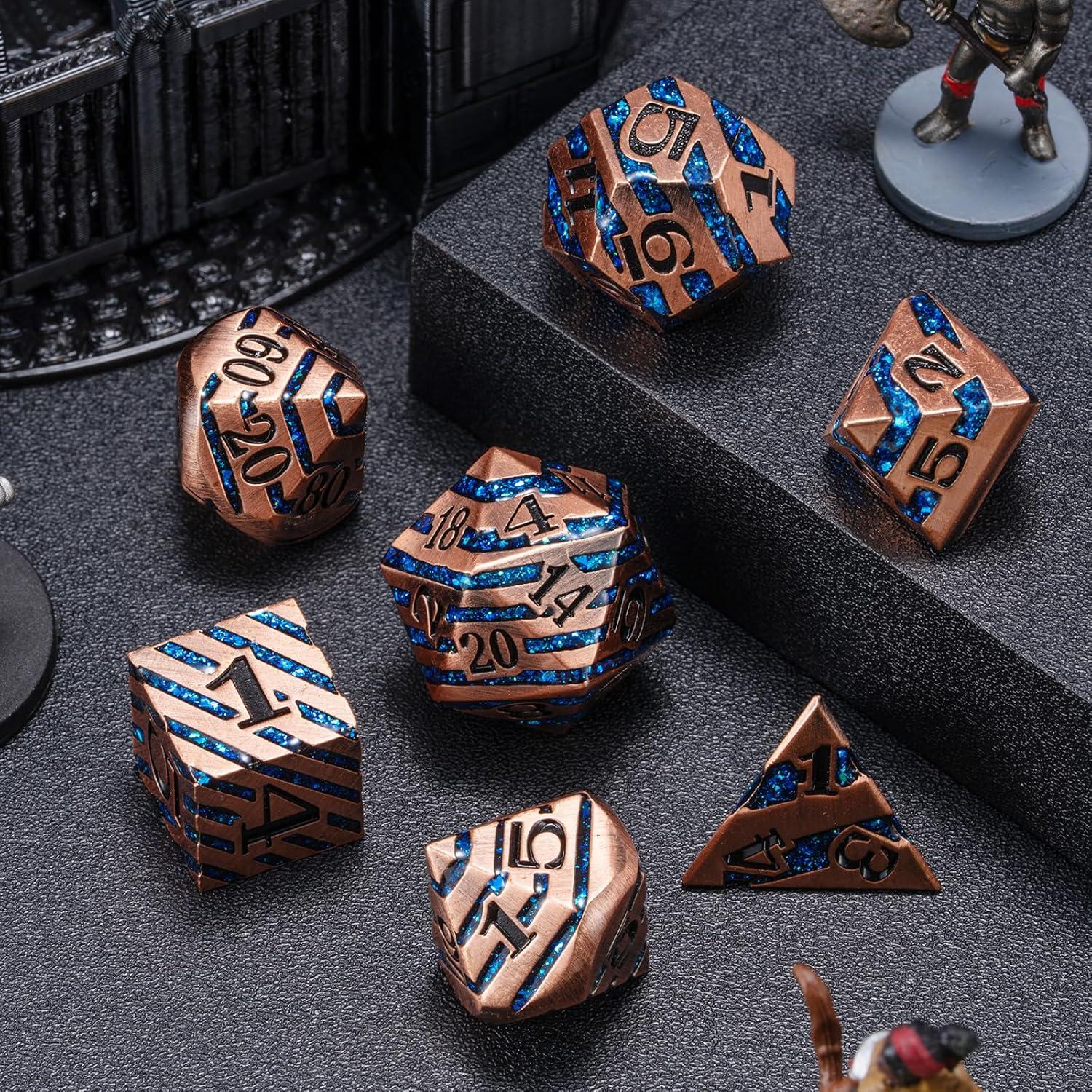 Set de 7 Dados Poliedricos Metálicos D&D Maywin Cobre Antiguo Azul