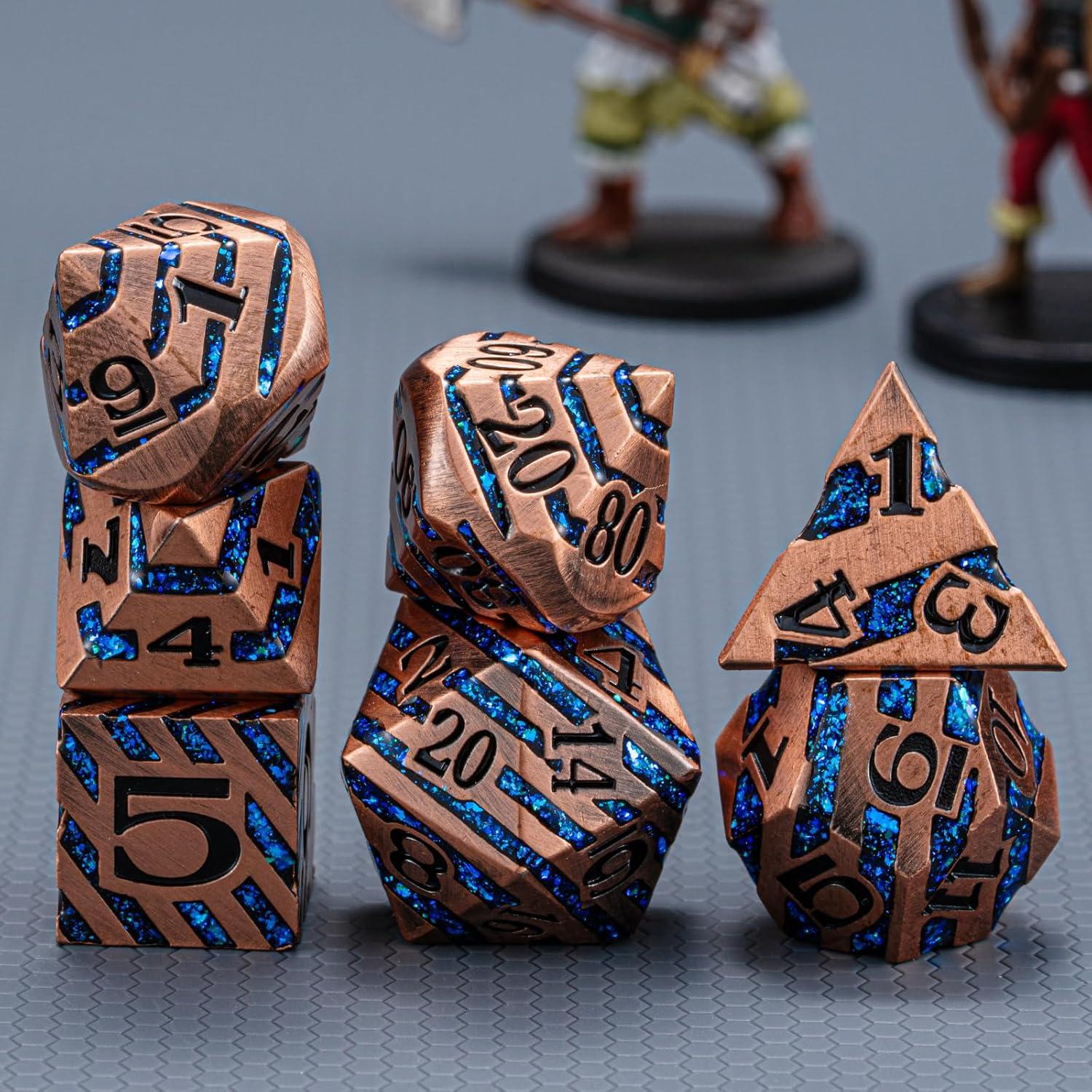 Set de 7 Dados Poliedricos Metálicos D&D Maywin Cobre Antiguo Azul