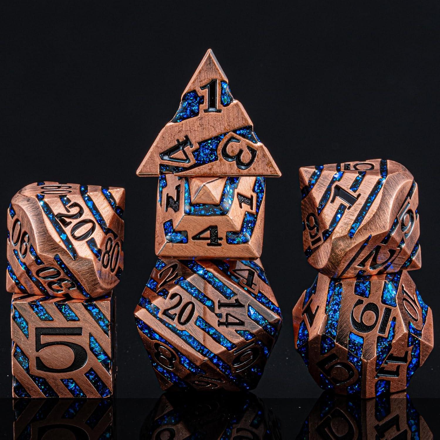 Set de 7 Dados Poliedricos Metálicos D&D Maywin Cobre Antiguo Azul