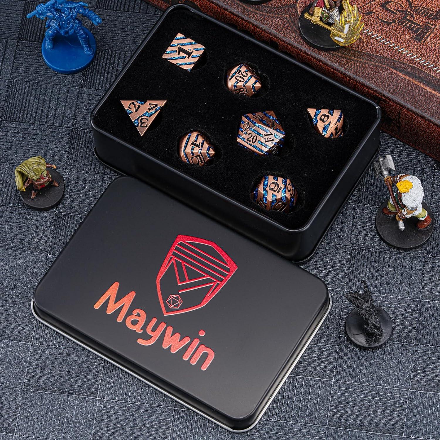 Set de 7 Dados Poliedricos Metálicos D&D Maywin Cobre Antiguo Azul