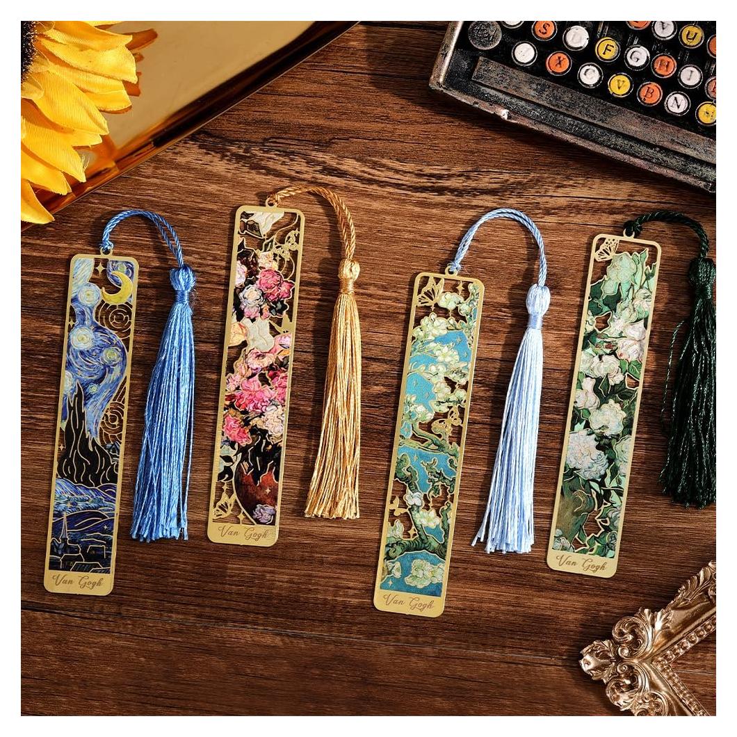 4 Marcadores de Libro de Metal icceemee con Borlas y Arte