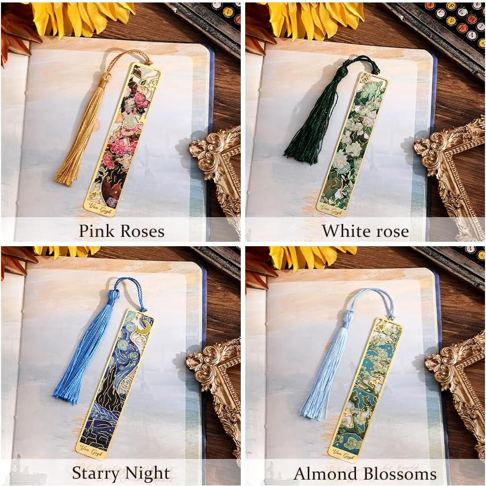 4 Marcadores de Libro de Metal icceemee con Borlas y Arte