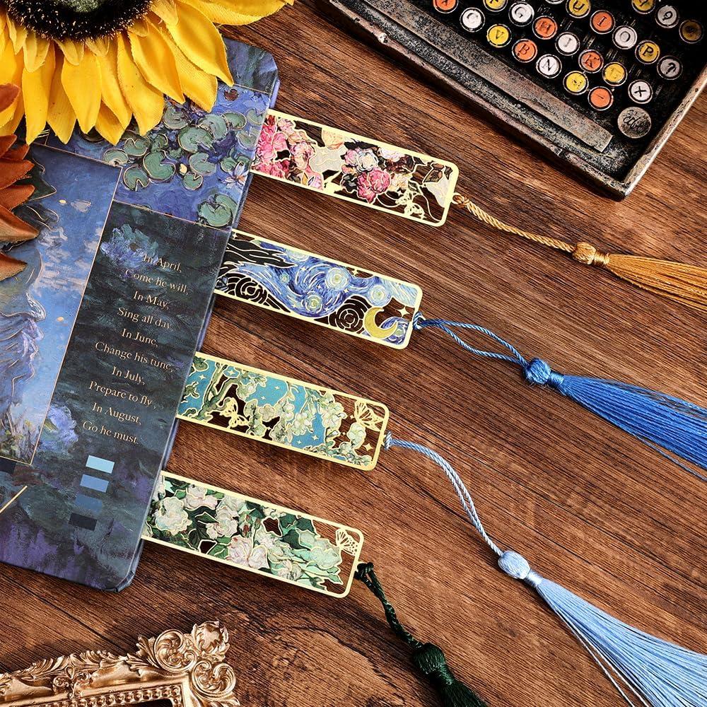 4 Marcadores de Libro de Metal icceemee con Borlas y Arte