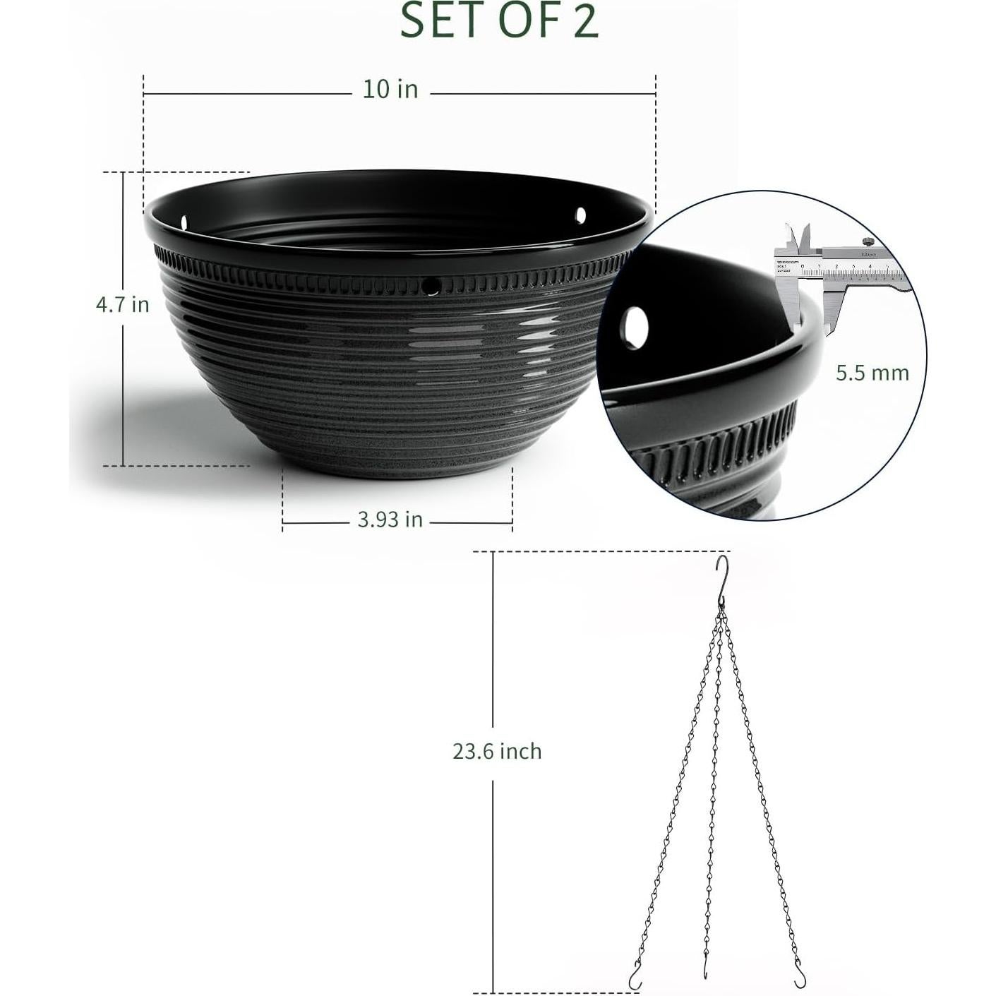 2 Macetas Colgantes de 25 cm Vanslogreen con Drenaje Negro