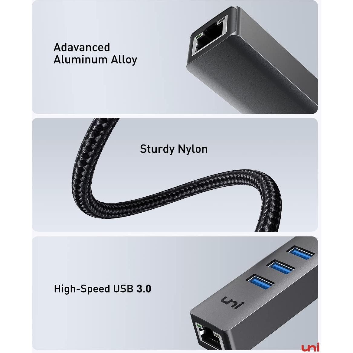 Adaptador USB a Ethernet uni EHUB02 4 en 1 Gigabit 1000 Mbps