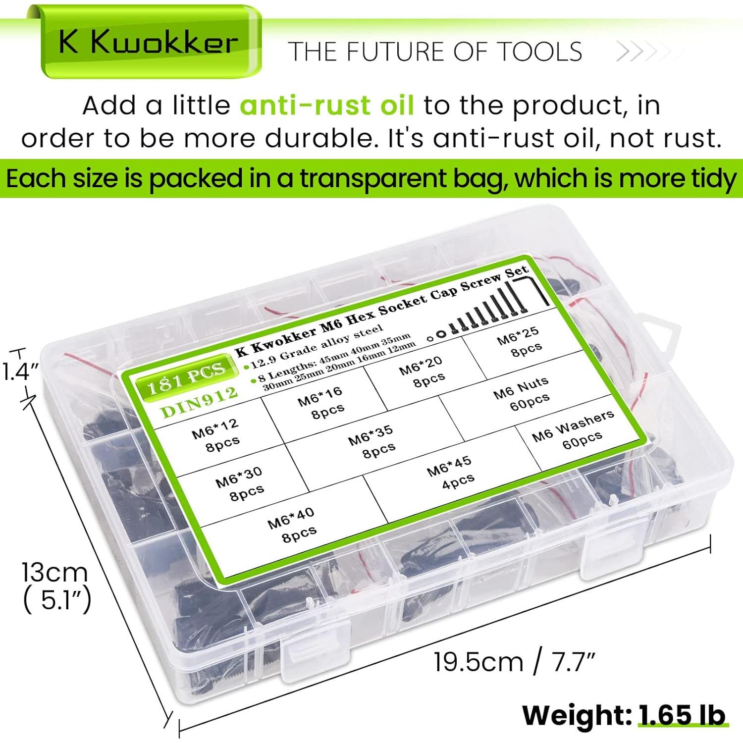 Juego de Tornillos M6 K Kwokker 180 Pcs 12 a 45 mm Hexagonal