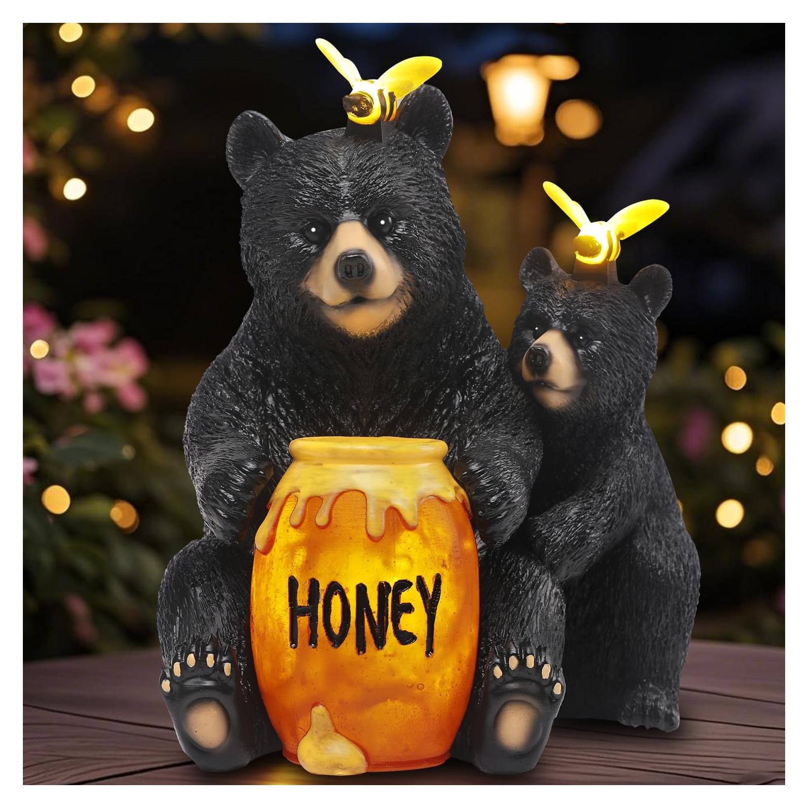 Estatua Solar Oso Negro JJALIGHTS con Tarro de Miel 22cm