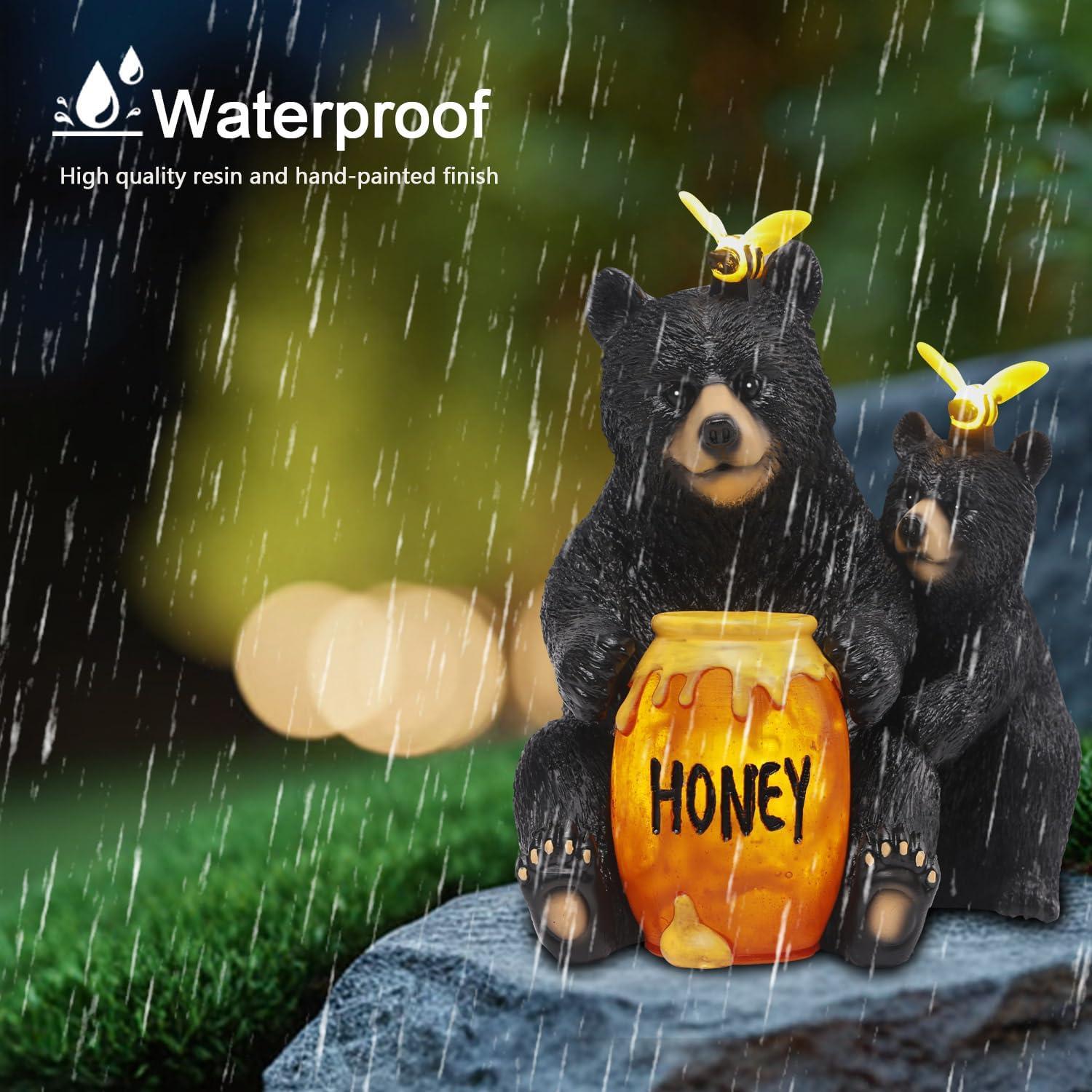 Estatua Solar Oso Negro JJALIGHTS con Tarro de Miel 22cm