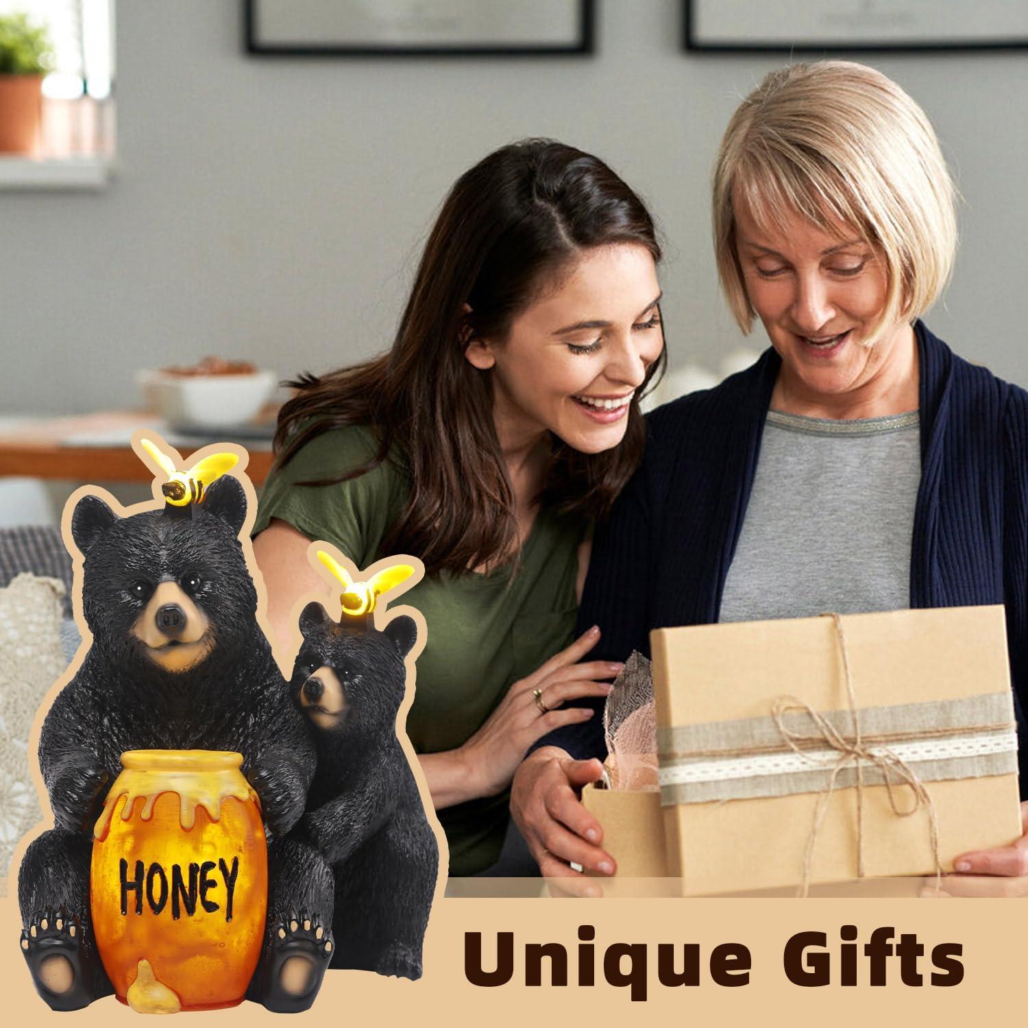 Estatua Solar Oso Negro JJALIGHTS con Tarro de Miel 22cm