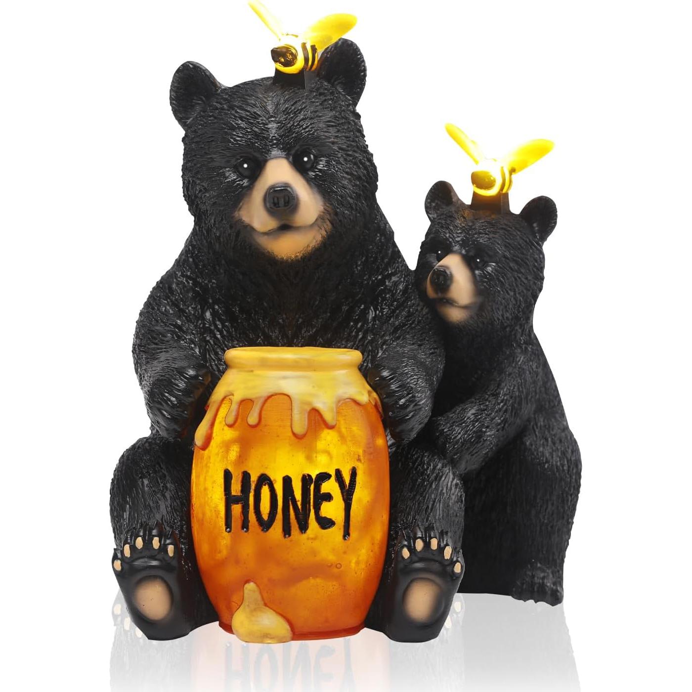 Estatua Solar Oso Negro JJALIGHTS con Tarro de Miel 22cm