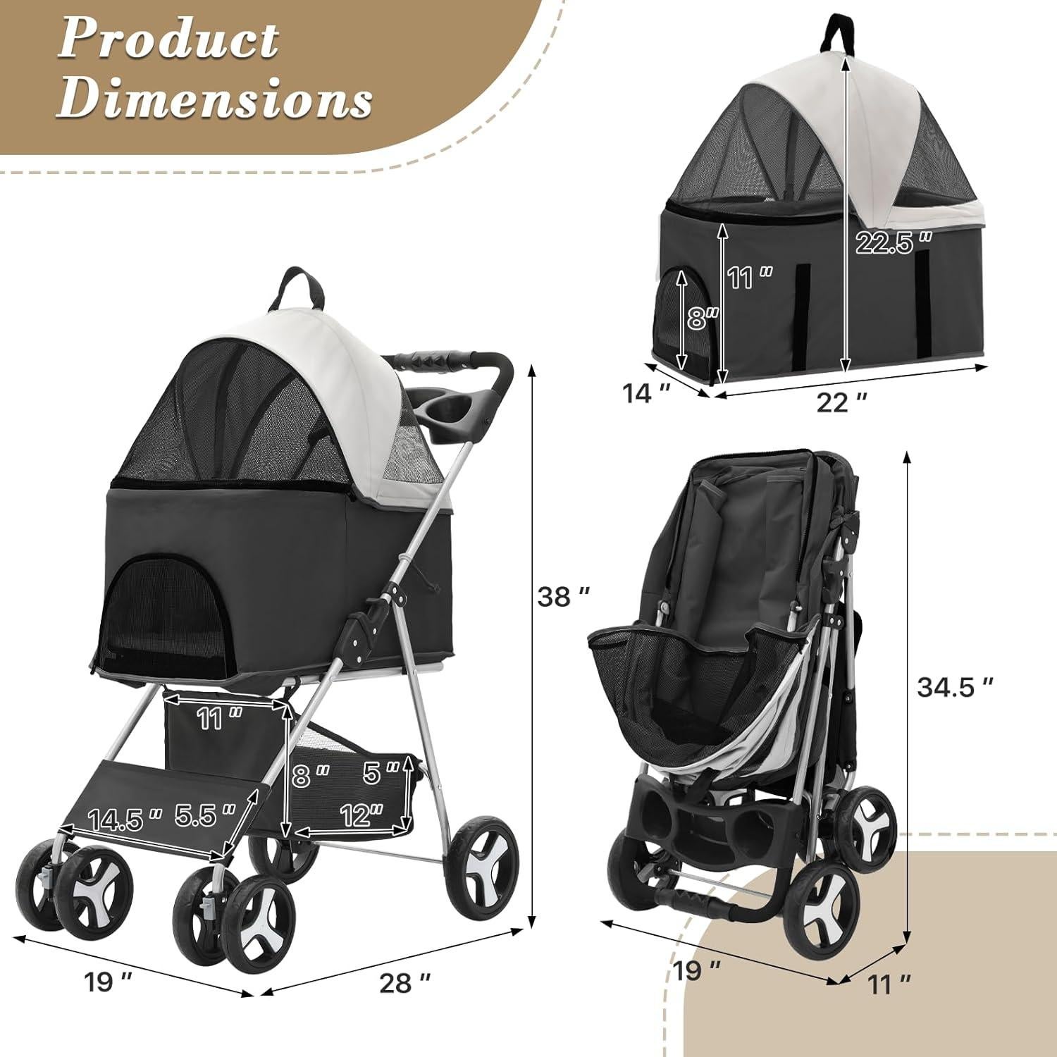 Carrito para Mascotas Colección Athena Negro 15 kg 4 Ruedas