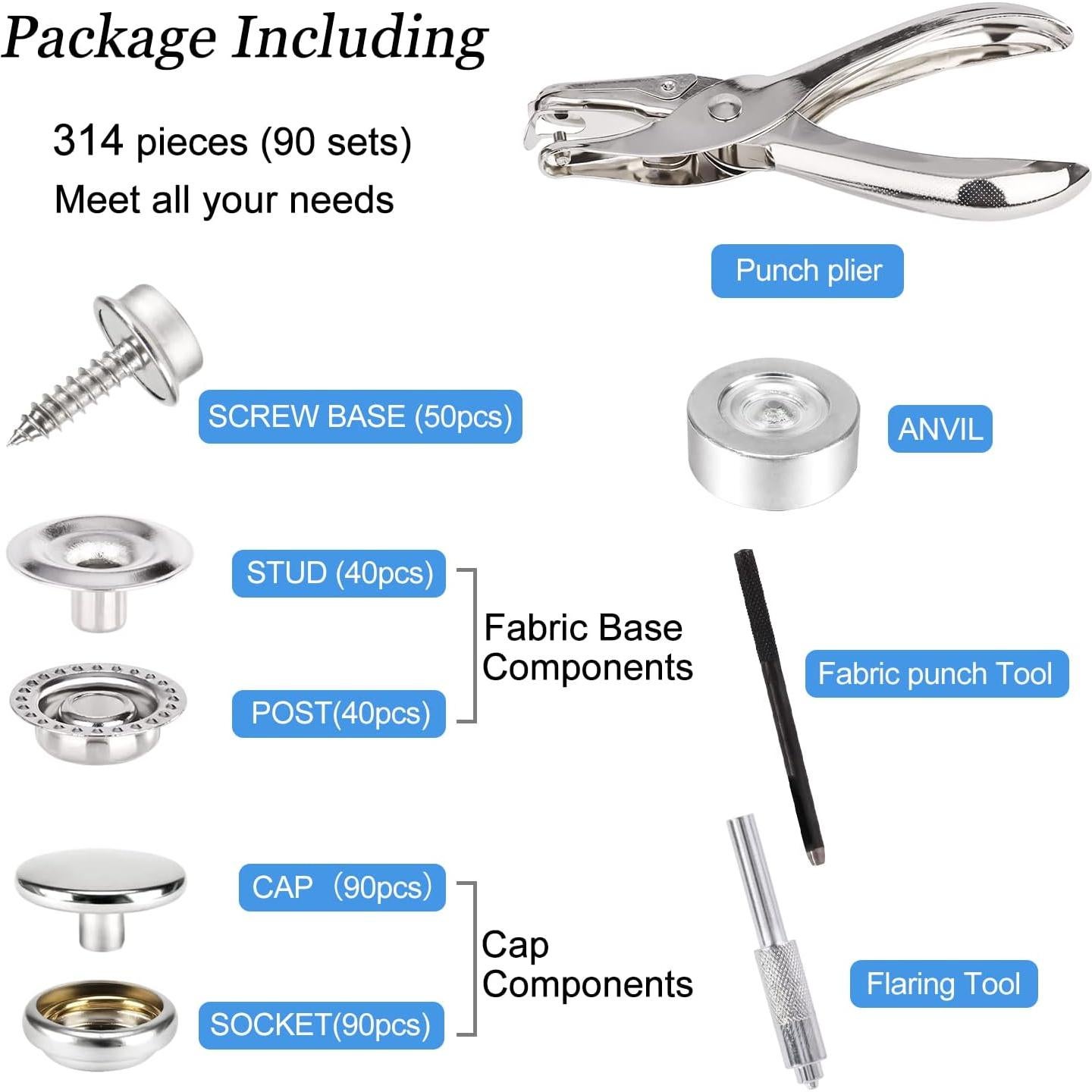 Kit de Botones de Lona CENOZ 314PCS Acero Inoxidable Plata