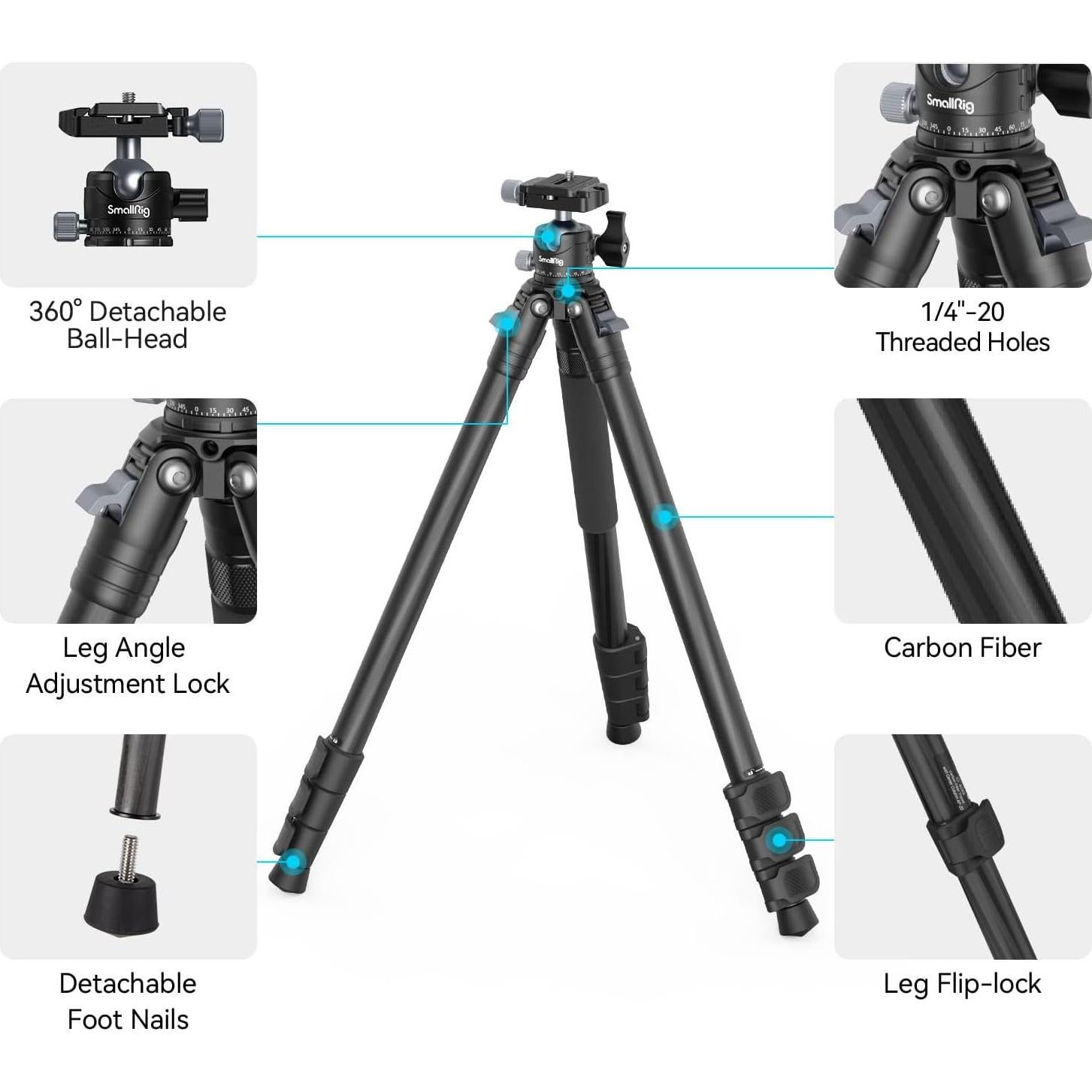 Trípode de fibra de carbono SmallRig AP-10, 52.4" ligero y compacto