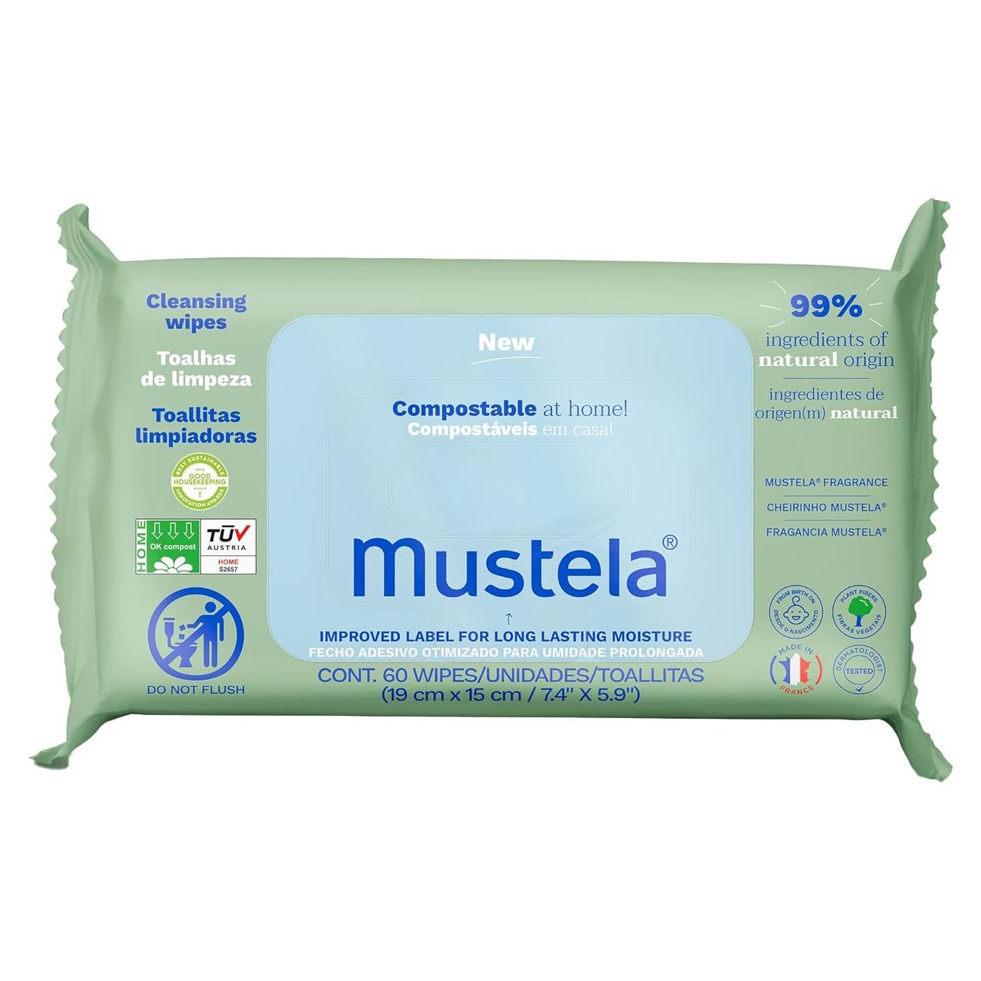 Toallitas Limpiadoras Compostables Mustela Baby 60 Unidades - Sin Fragancia - 99% Ingredientes Naturales