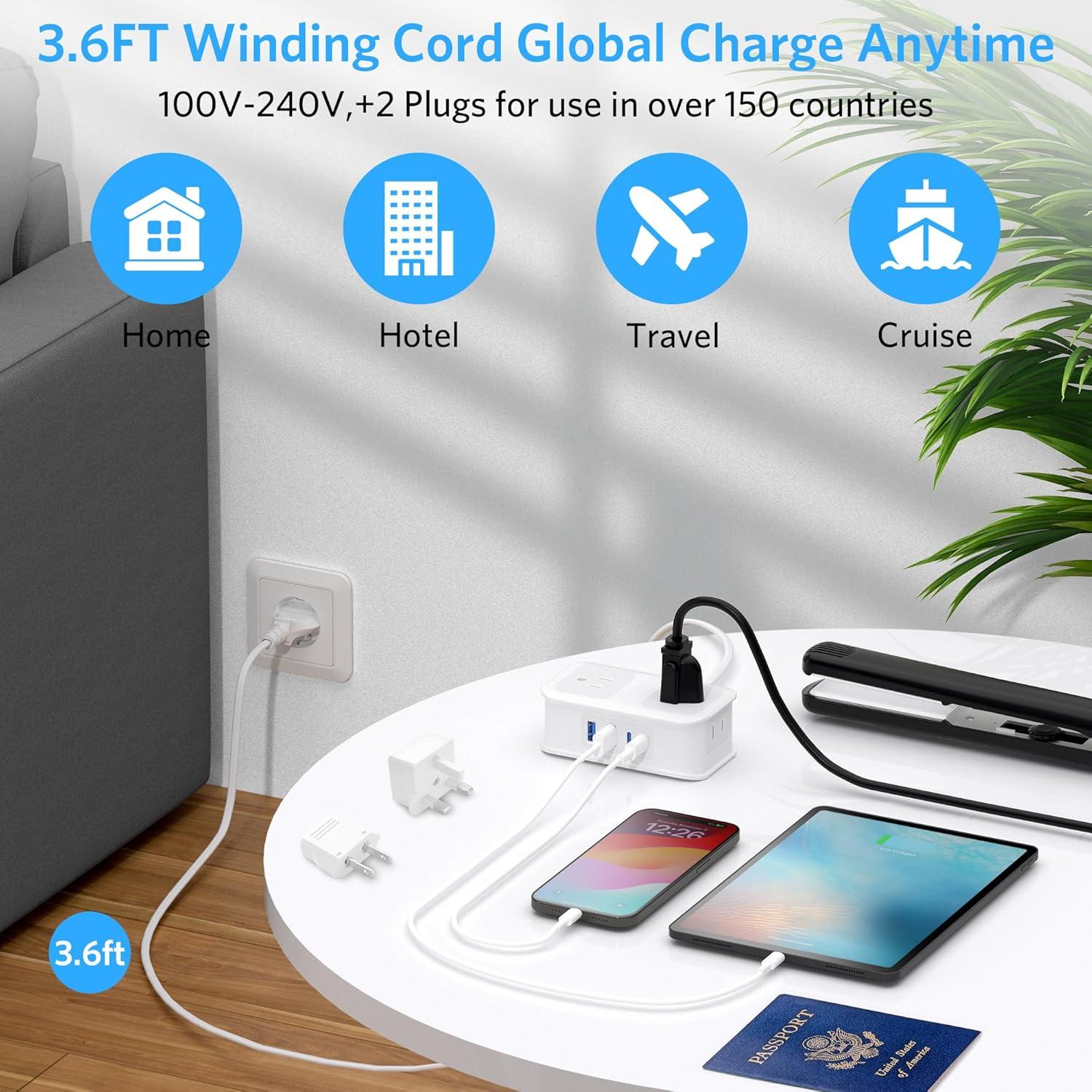 Adaptador de Enchufe de Viaje BESTEK 8 en 1 con USB-C 1.1m