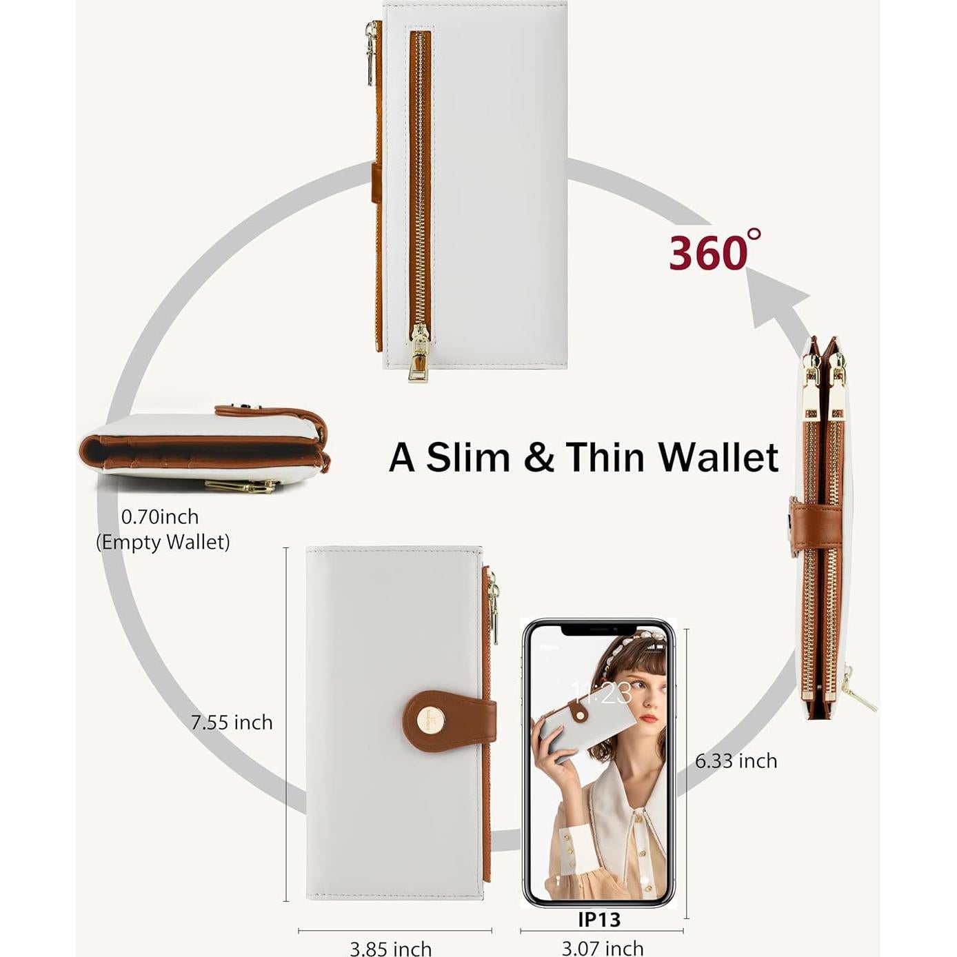 Cartera delgada de cuero RFID para mujer CK888 - Beige y Marrón