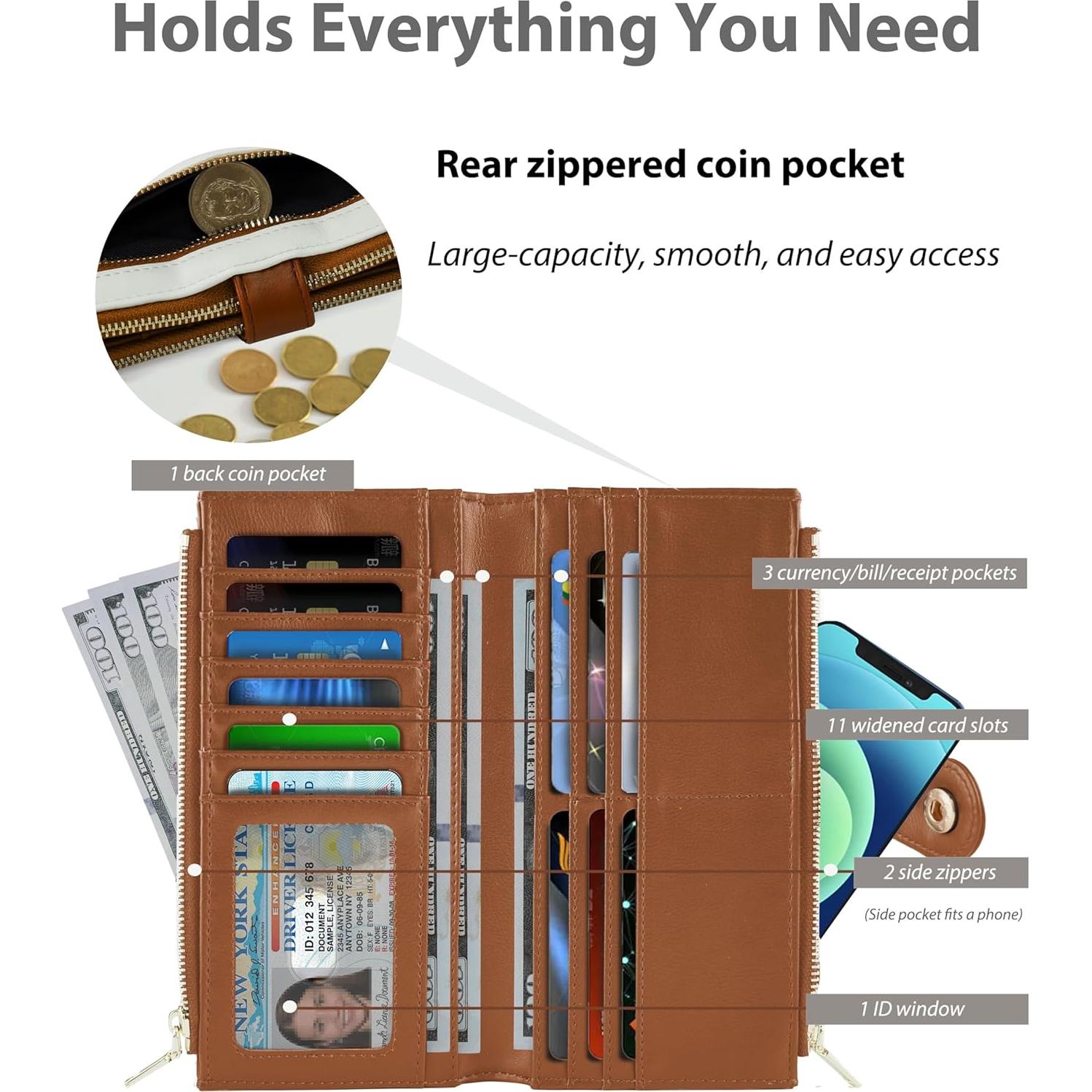 Cartera delgada de cuero RFID para mujer CK888 - Beige y Marrón