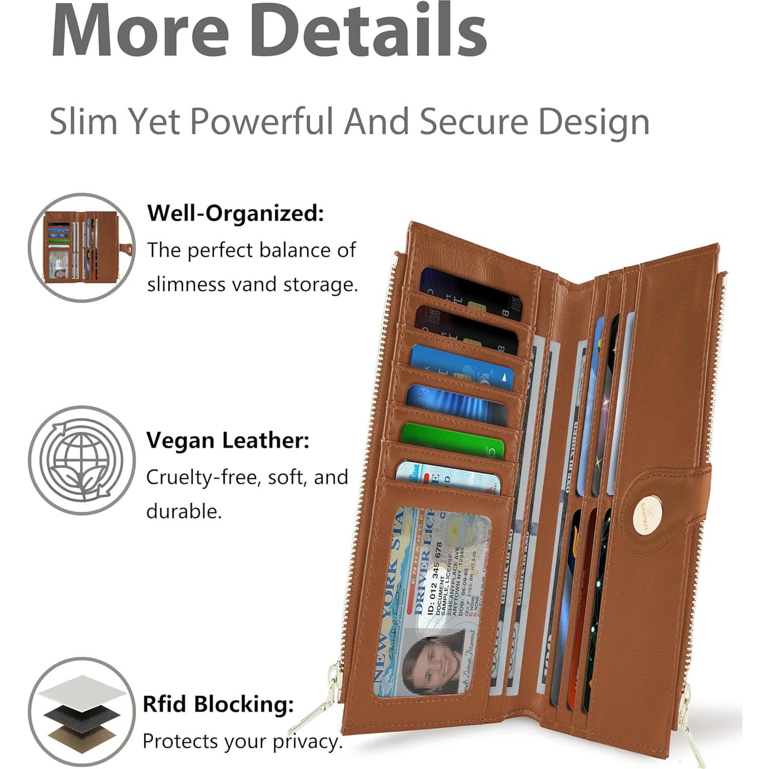 Cartera delgada de cuero RFID para mujer CK888 - Beige y Marrón