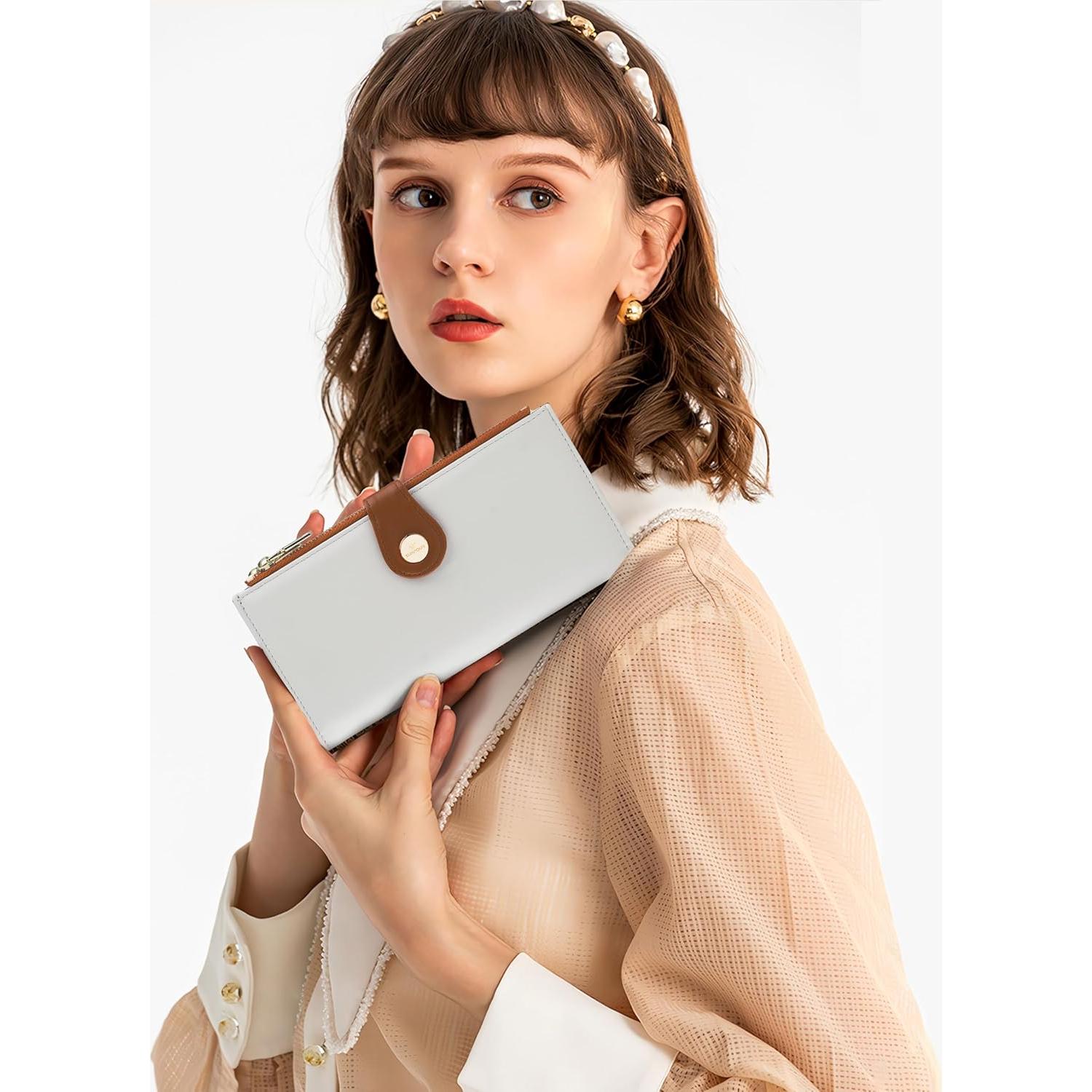 Cartera delgada de cuero RFID para mujer CK888 - Beige y Marrón