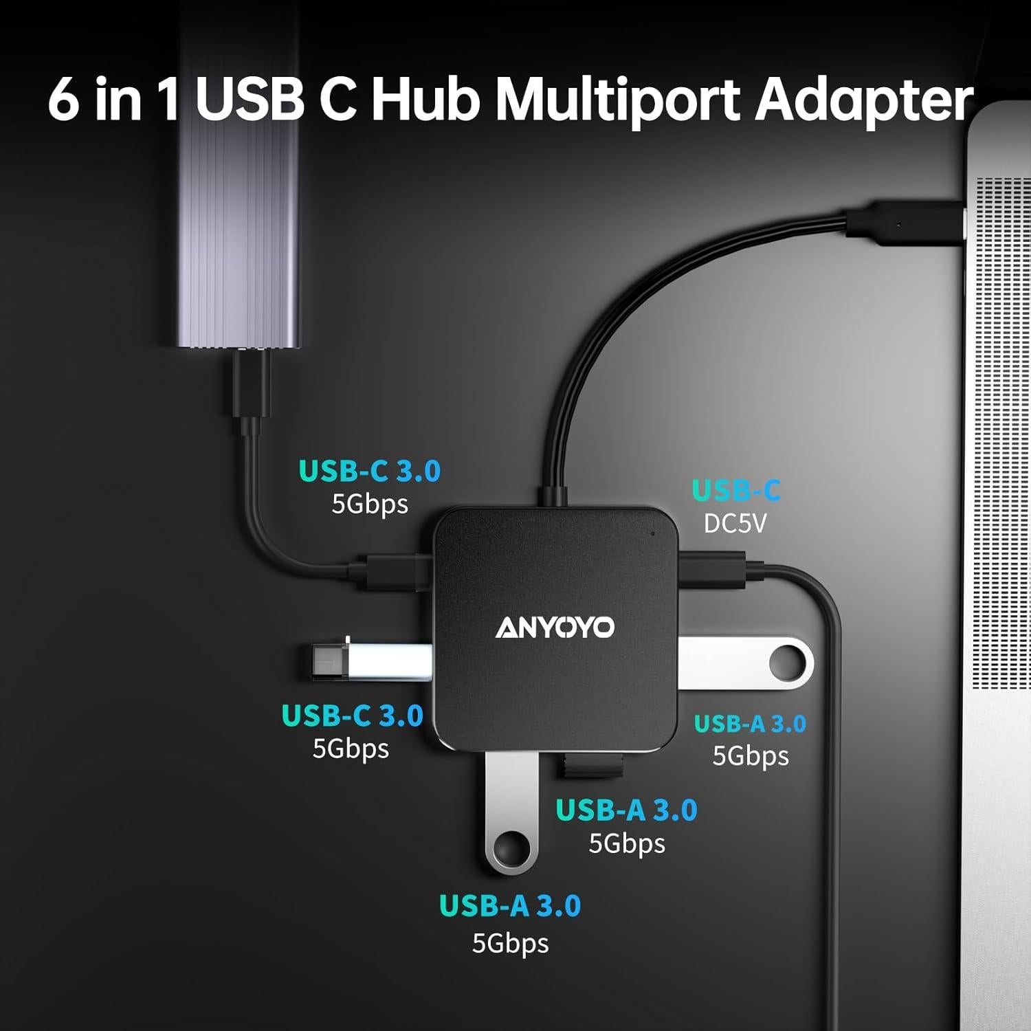Hub USB 6 en 1 ANYOYO PM31-U6 con 3 USB-A y 3 USB-C