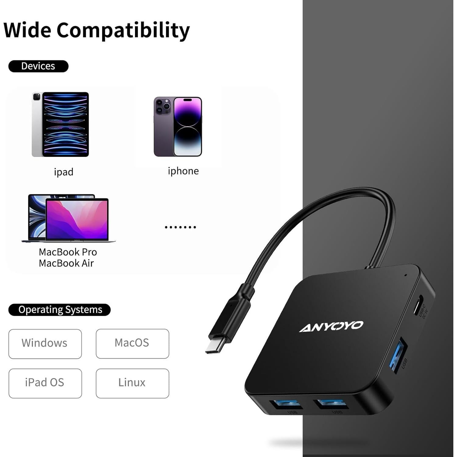 Hub USB 6 en 1 ANYOYO PM31-U6 con 3 USB-A y 3 USB-C