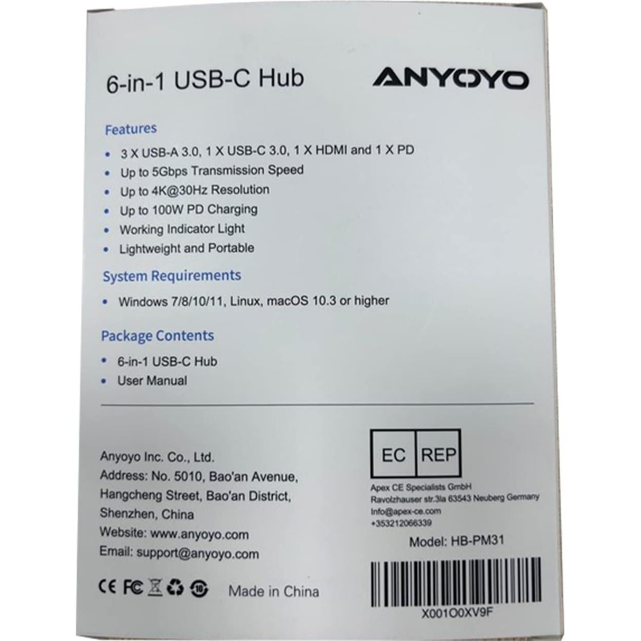 Hub USB 6 en 1 ANYOYO PM31-U6 con 3 USB-A y 3 USB-C