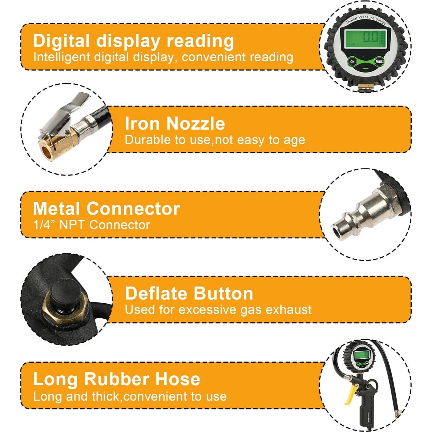 Inflador de Neumáticos Digital FORNAX con Manómetro 200 PSI