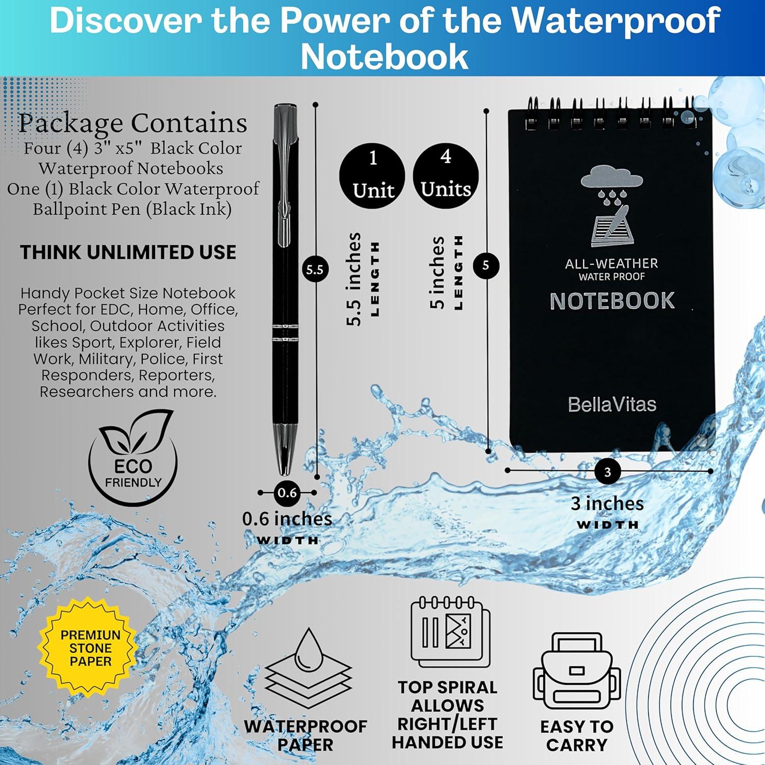 Cuaderno Impermeable Bellavitas 3x5 Negro - Paquete de 4