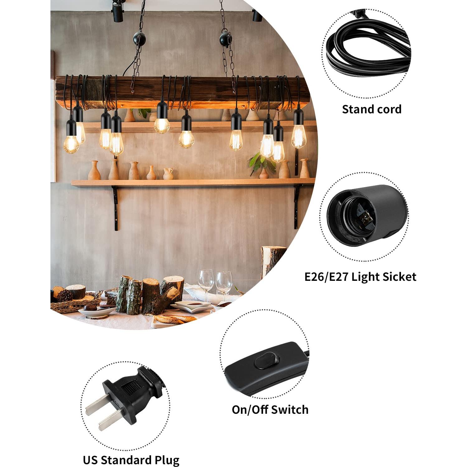 Cable de lámpara colgante HESSION 1.8m E26/E27 360W Negro 3-Pack